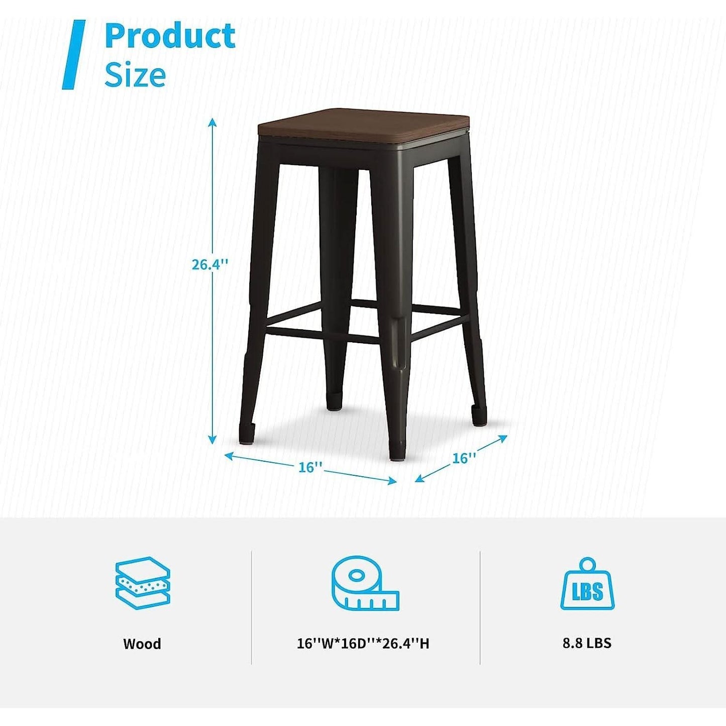 Square Metal Bar Stool Set Of 2, Stackable, 330 Lb Capacity