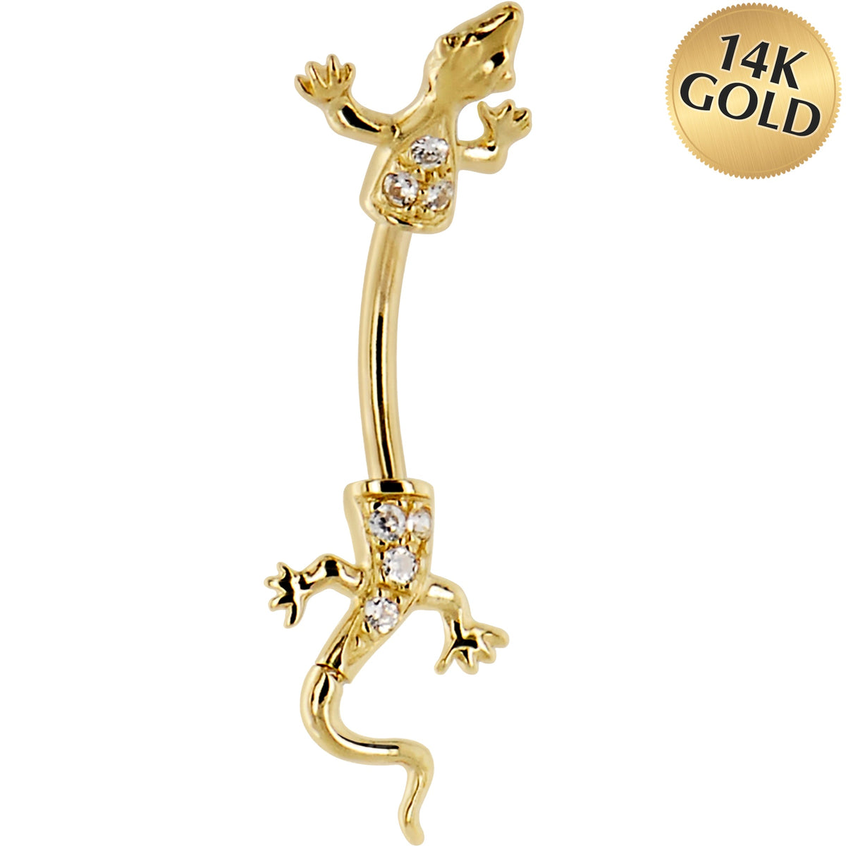 16G Solid 14K Yellow Gold Cubic Zirconia LIZARD Belly Ring
