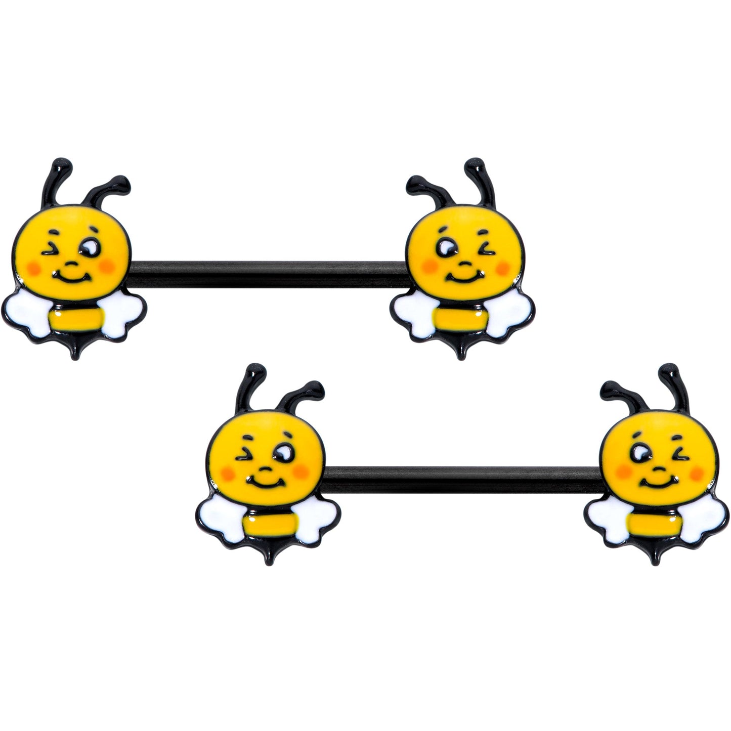 14G 9/16 Black Yellow Winking Bee Barbell Nipple Ring Set