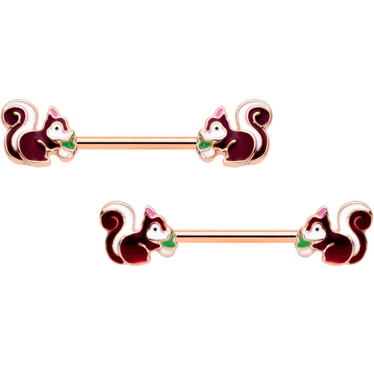 14G 9/16 Rose Gold Tone Snacking Squirrel Barbell Nipple Ring Set