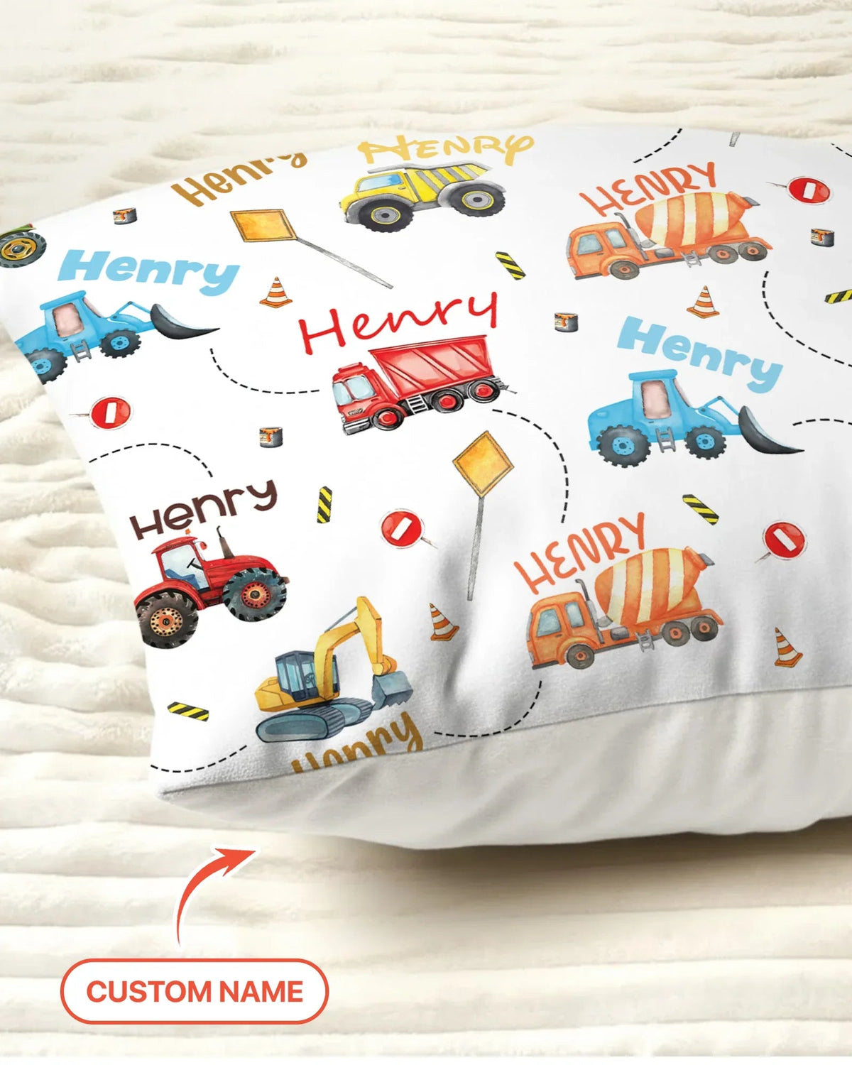 Construction Vehicles Custom Name Pillow Case