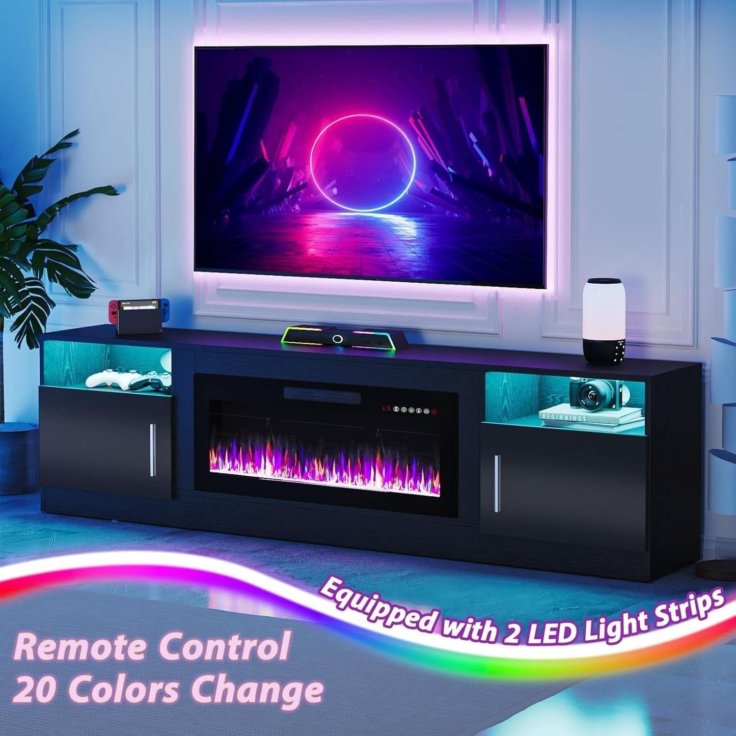 80 Inch TV Stand Electric Fireplace With LED Lighting Black