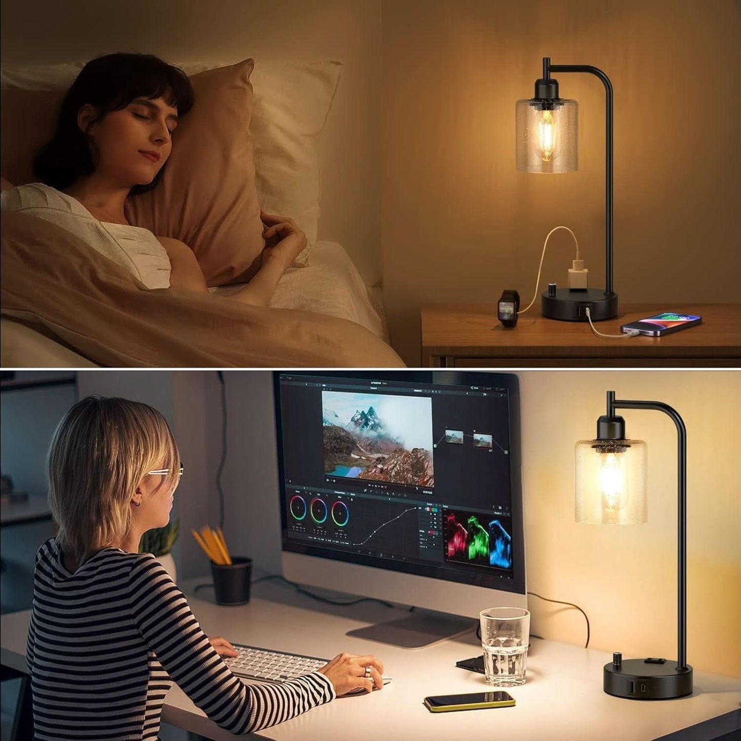 Industrial Table Lamps 2 Pack Black Dimmable USB Ports