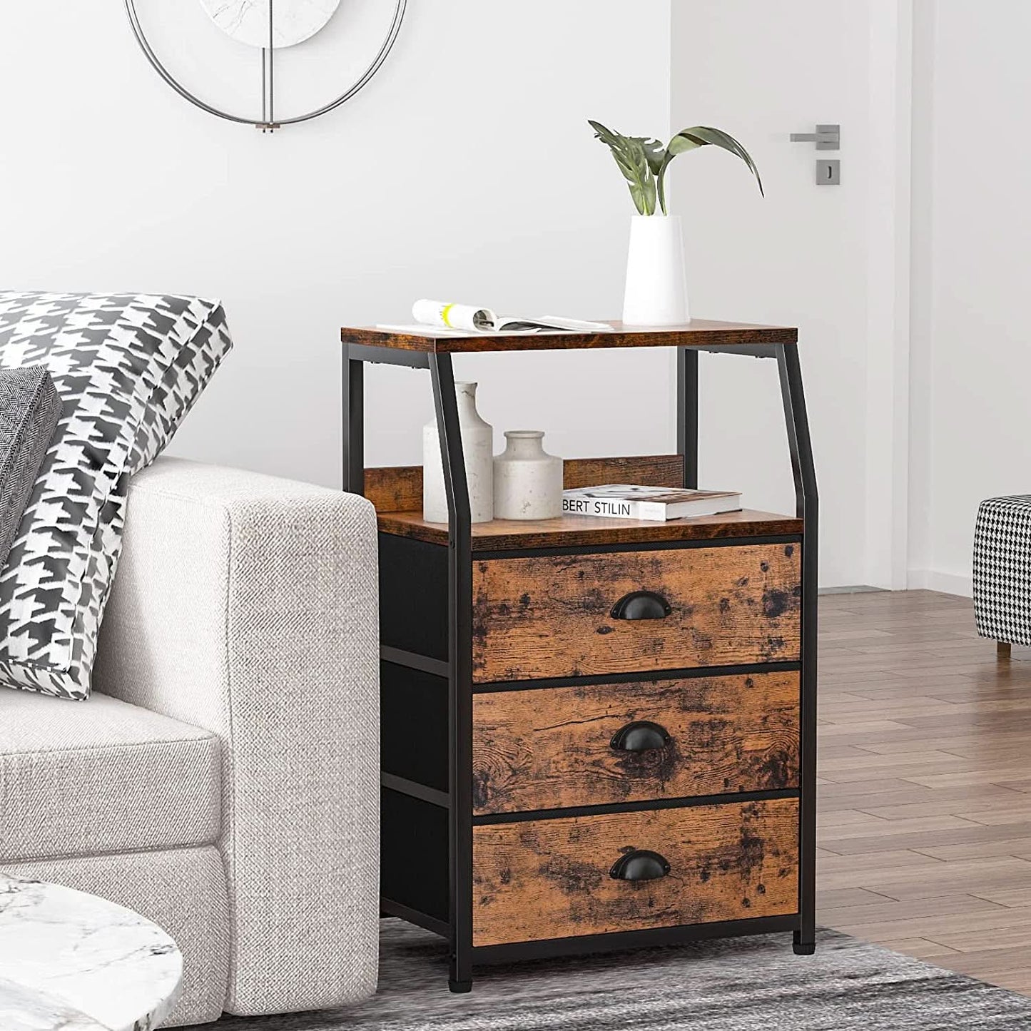3-Drawer Nightstand With 2-Tier Shelf And Wood Top Bedroom