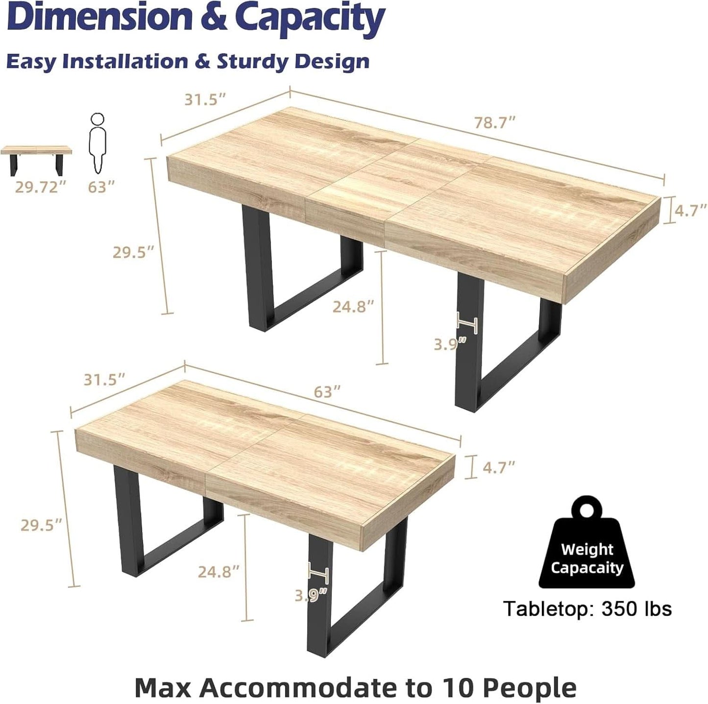 63-79 Inch Extendable Dining Table Rustic Oak Finish