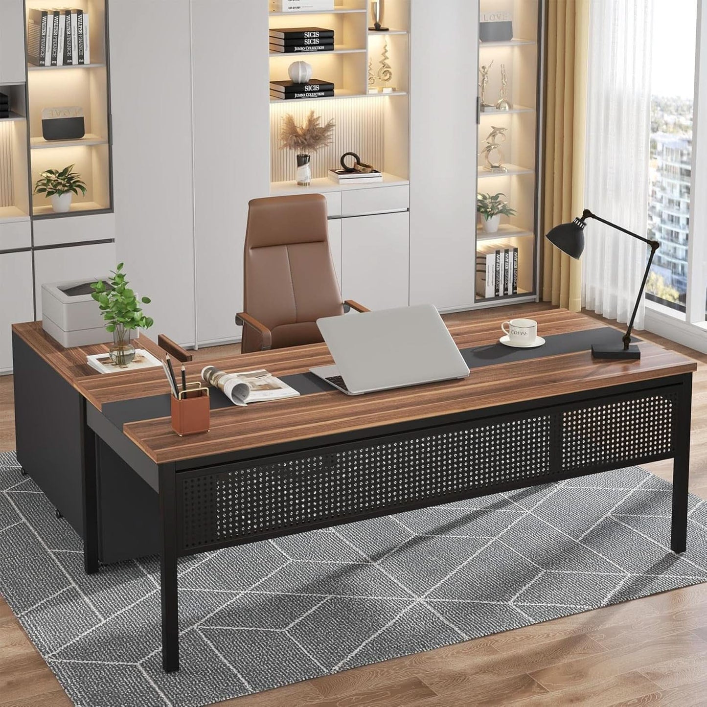 71 Inch Walnut Executive L Shaped Desk With File Cabinet