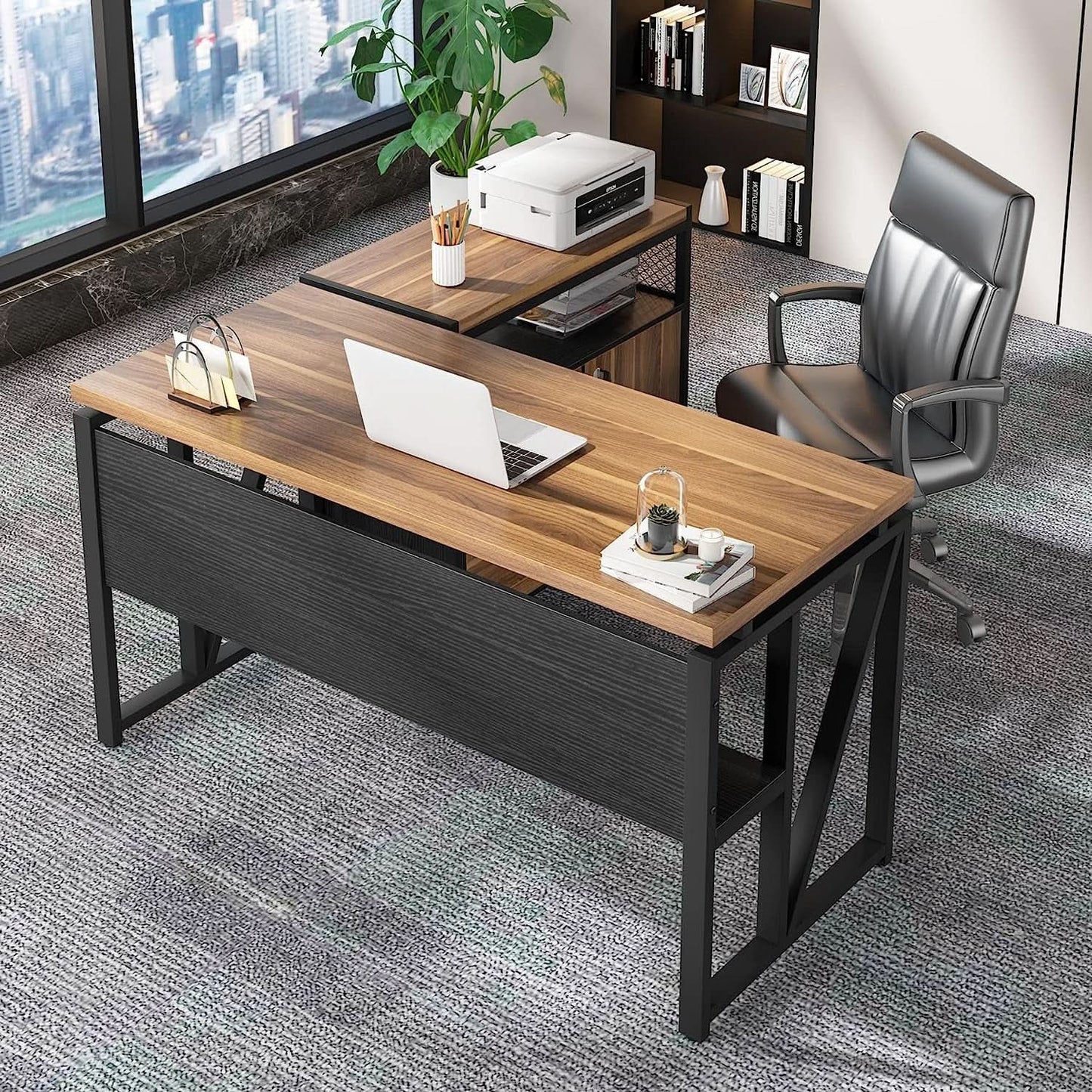 Rustic L Shaped Desk With Storage Cabinet On Wheels
