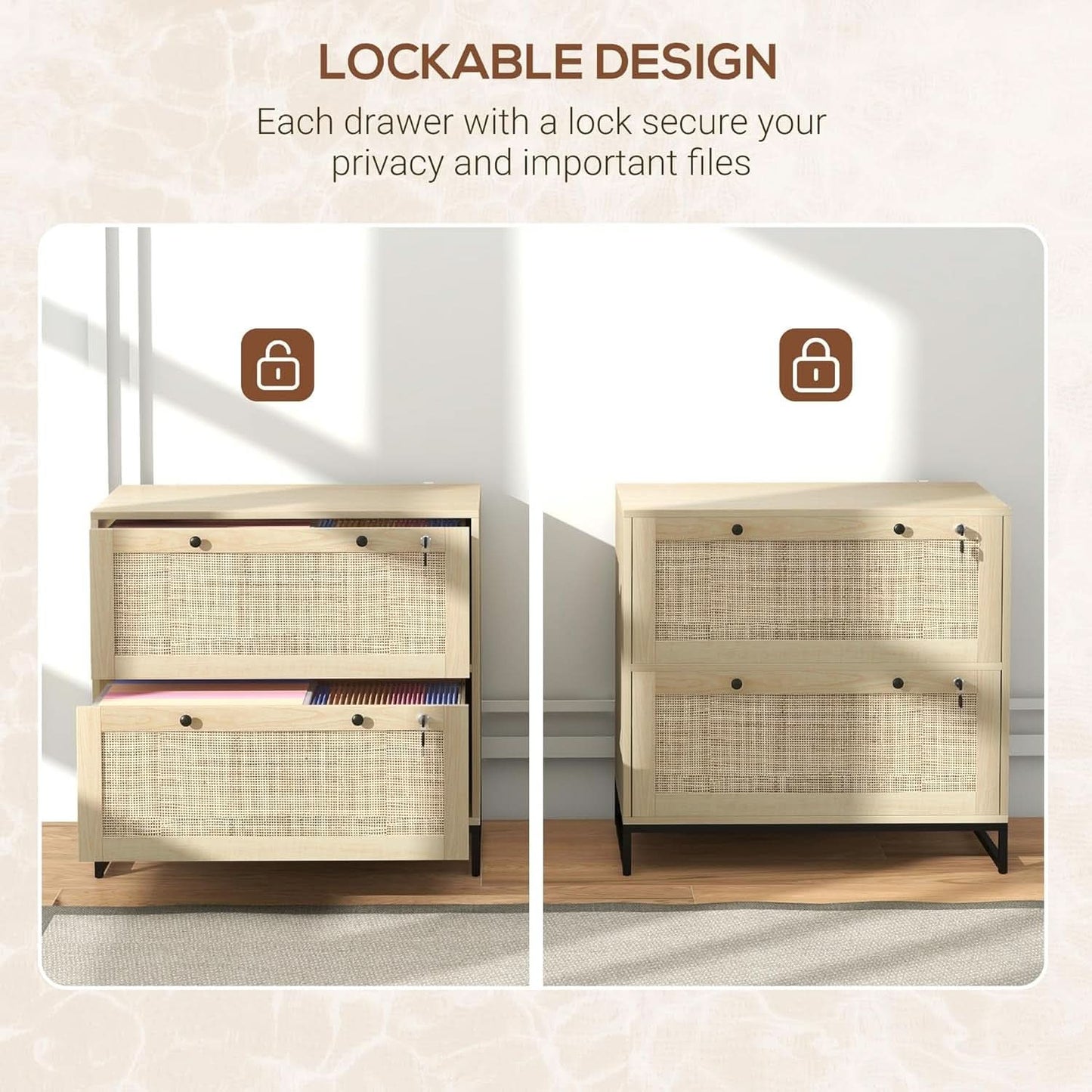 Two Drawer Rattan File Cabinet With Lock, Printer Stand And Adjustable Bars For Letter A4 Legal Files Natural Finish