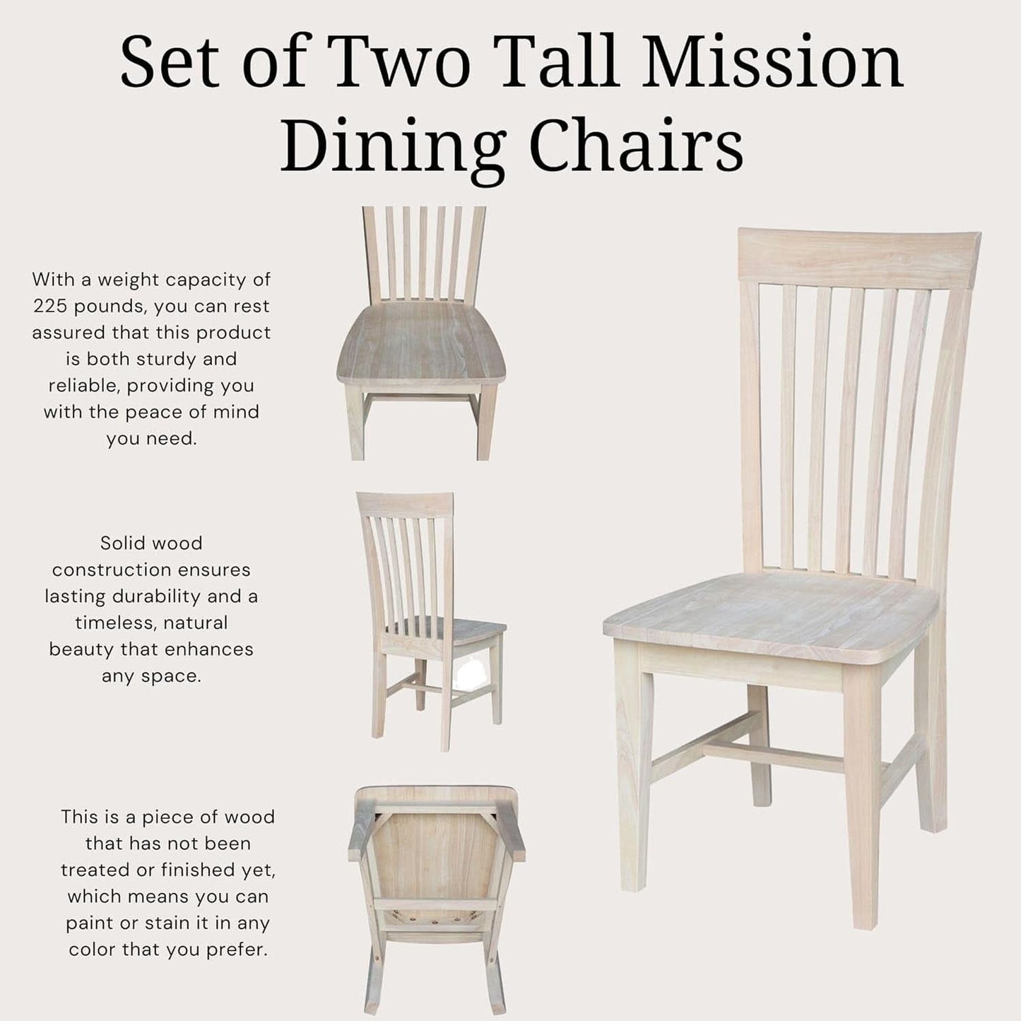 Set Of 2 Tall Mission Dining Chairs Unfinished Parawood