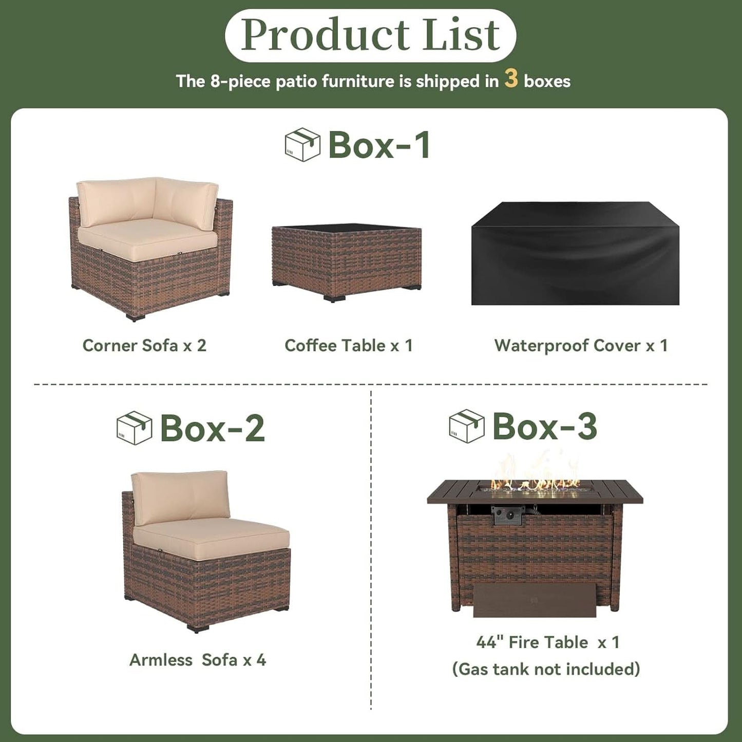 Eight Piece Outdoor Patio Furniture Set with Fire Pit