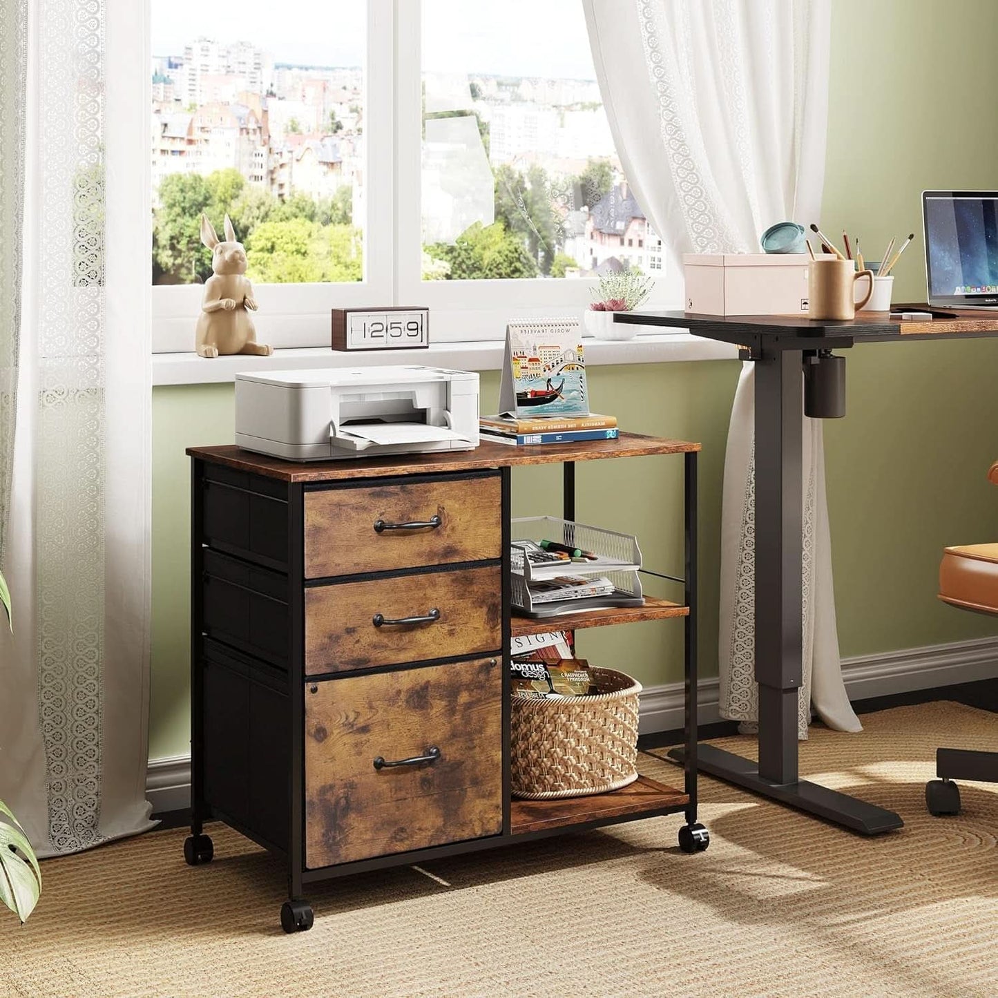 3 Drawer Mobile File Cabinet Fits A4 Or Letter Size With Rolling Printer Stand Rustic Brown Wood Grain