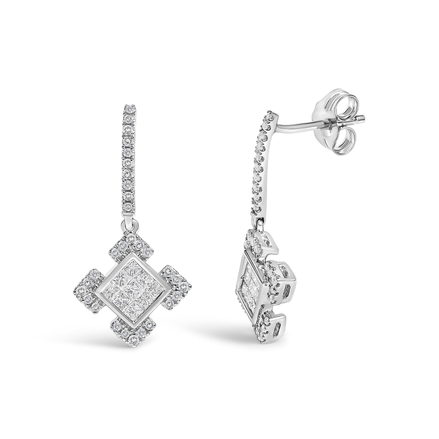 10K White Gold Princess and Round Diamond Geometric Composite Dangle Earrings