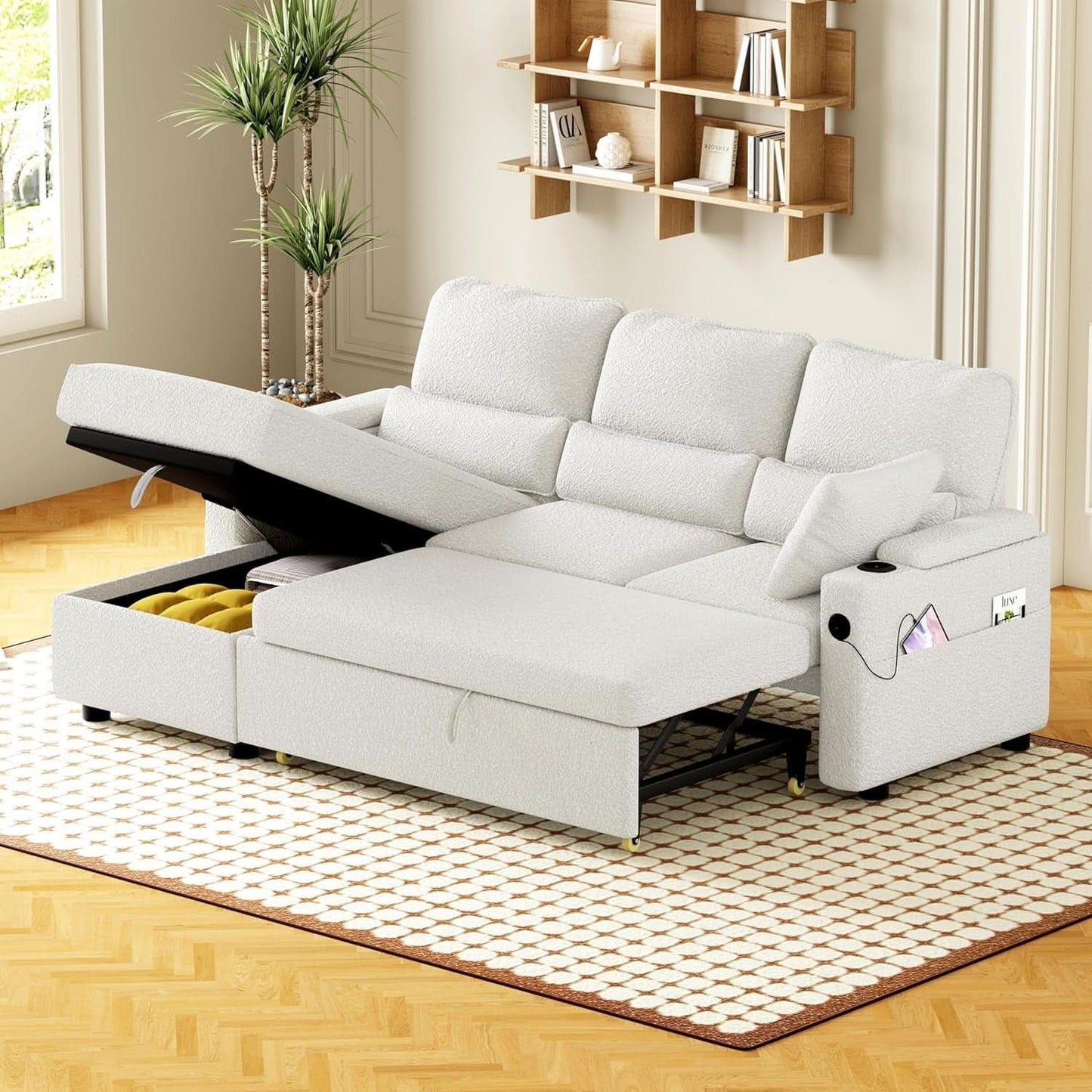 Pull Out Convertible Sofa Bed With Hidden Storage Teddy White