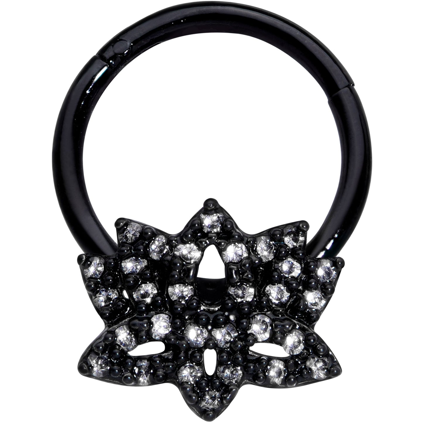 16G 3/8 Clear CZ Gem Black Lotus Flower Hinged Segment Ring