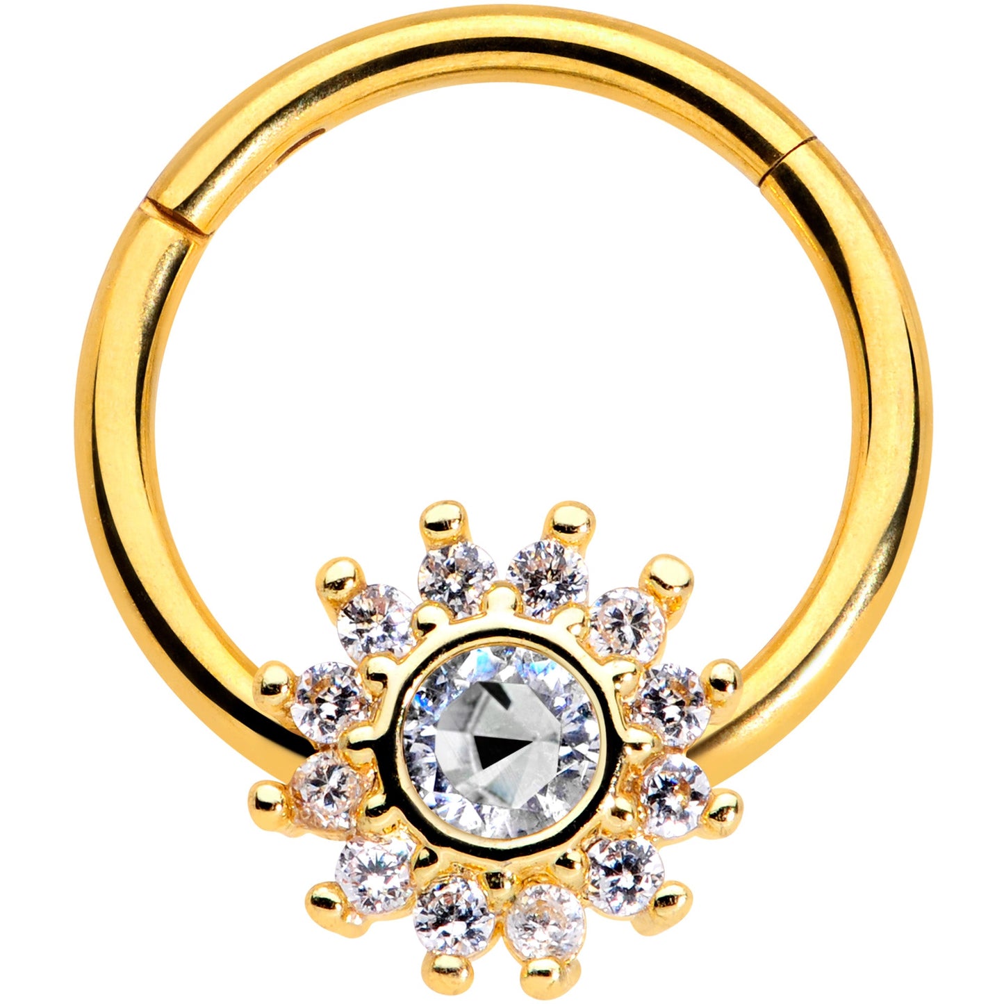 16G 3/8 Clear Gem Gold Tone Baroque Sun Hinged Segment Ring