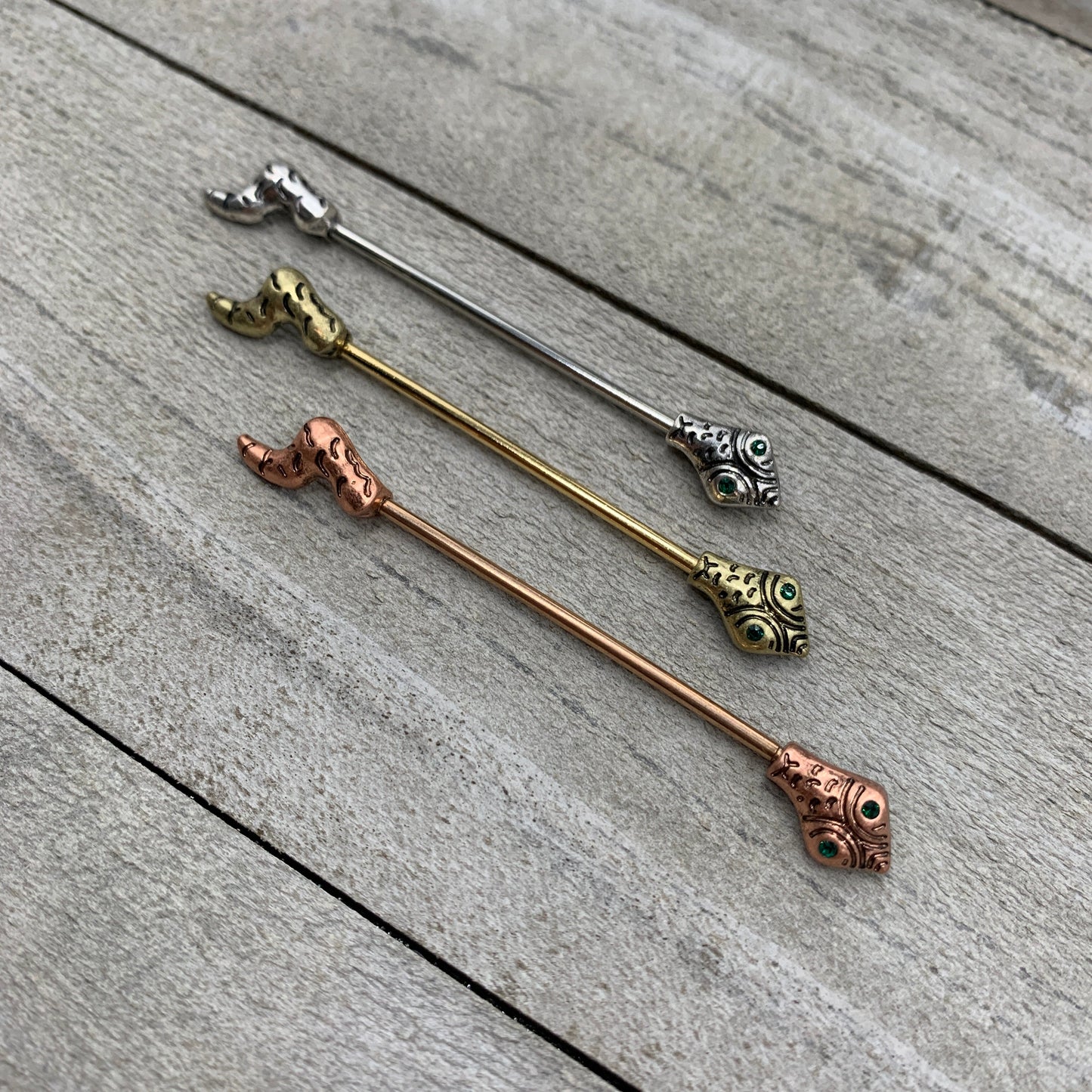 14G Green Gem Gold Tone Tribal Snake Industrial Barbell 38mm