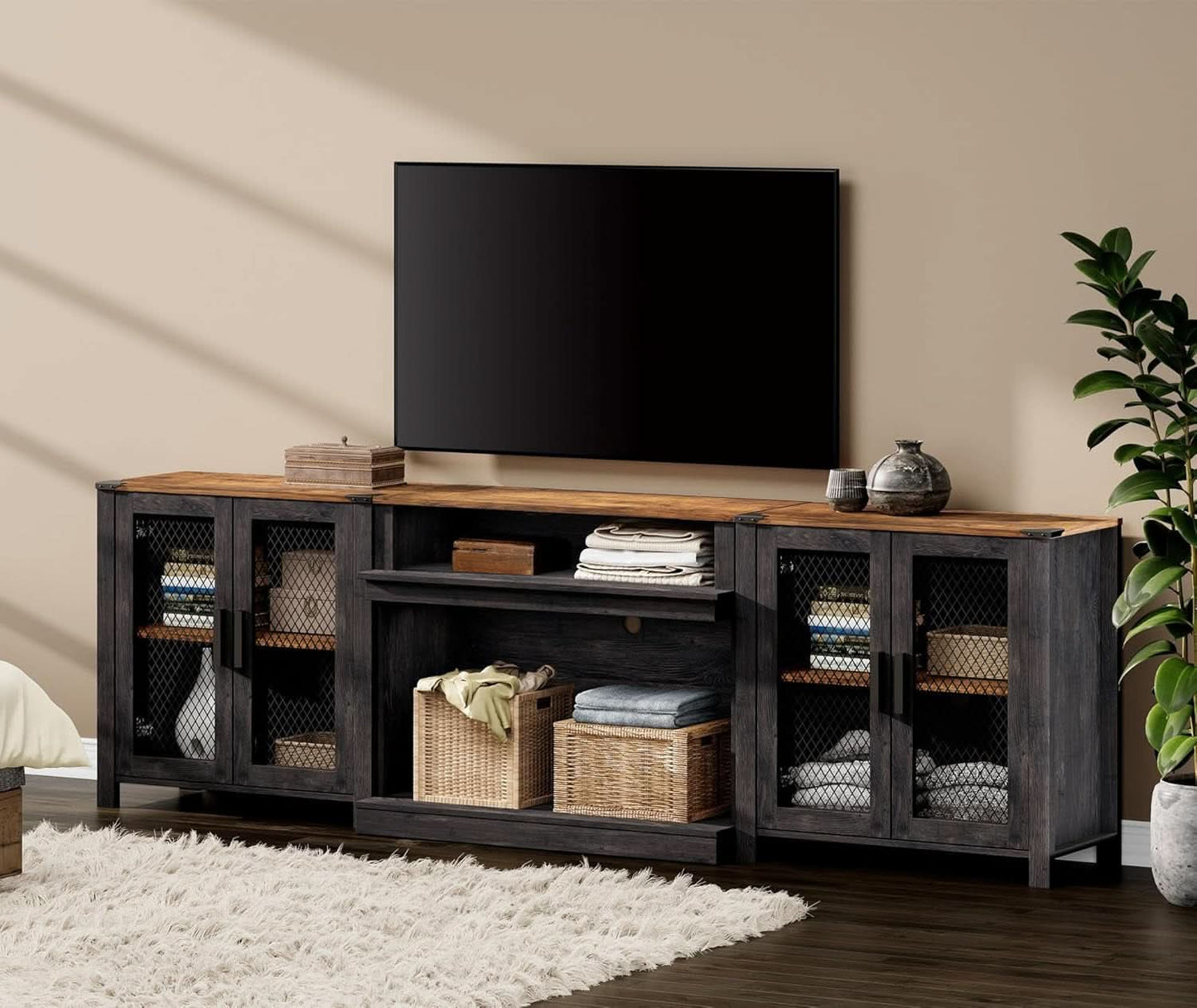 Two In One 100 Inch TV Stand Farmhouse Entertainment Center Dark Walnut And Black