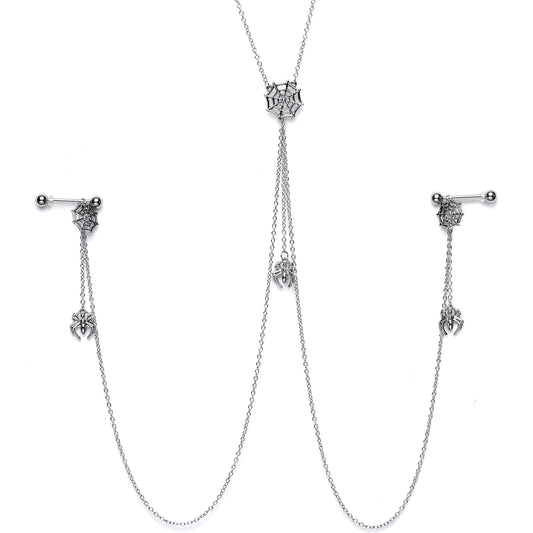 14G 9/16 Creepy Crawly Spider Web Halloween Nipple Chain Necklace