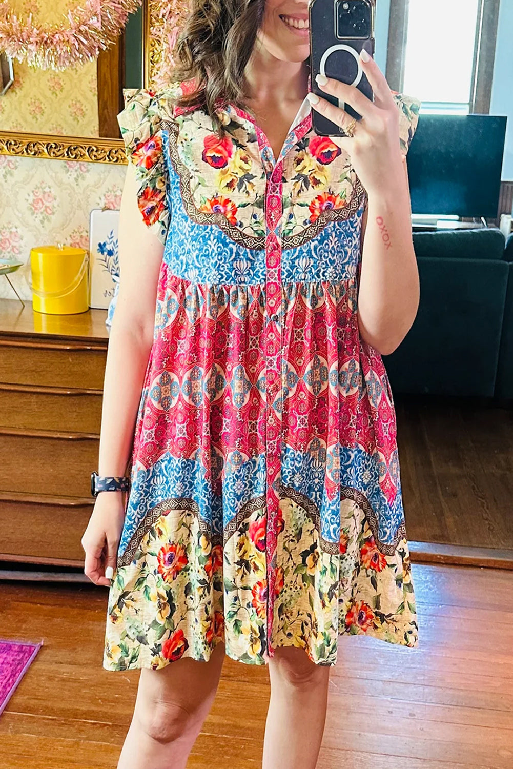 Dior Floral Mixed Pattern Buttoned Dress