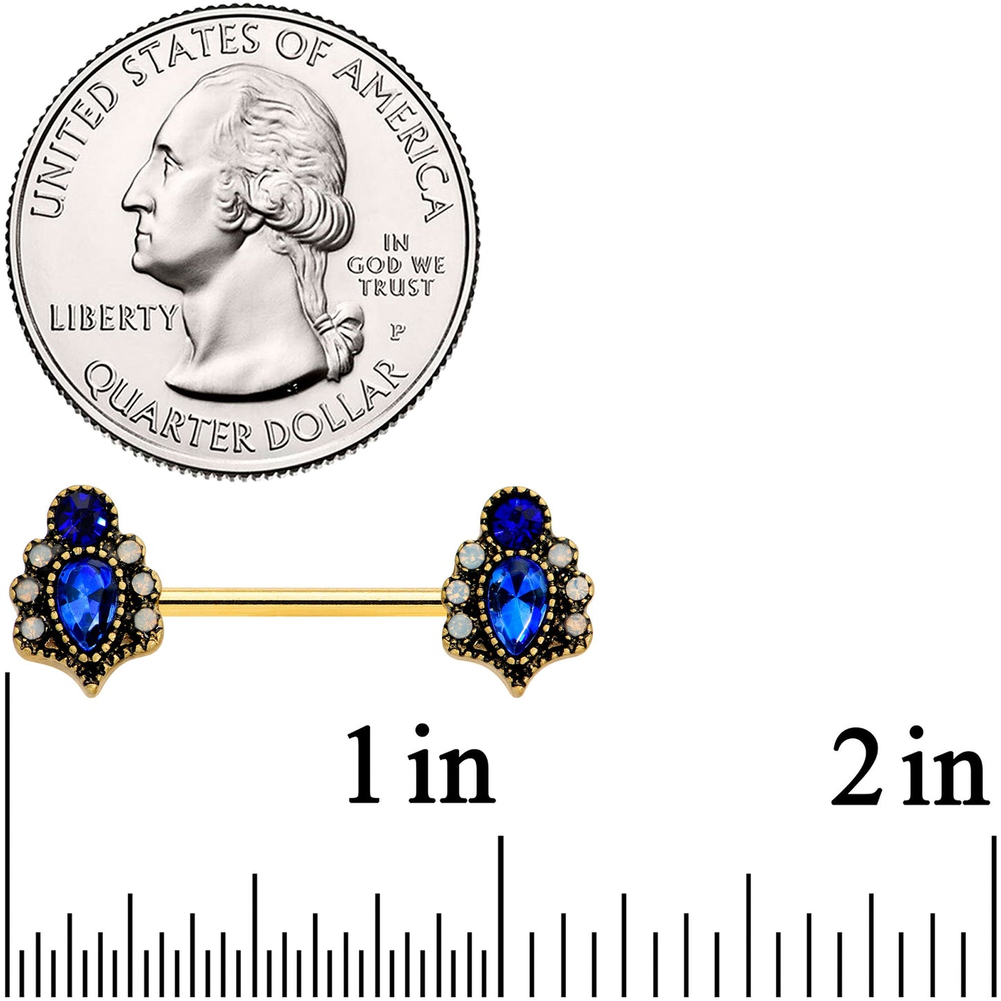 14G 9/16 Clear Blue Gem Gold Tone Heirloom Drop Nipple Ring Set