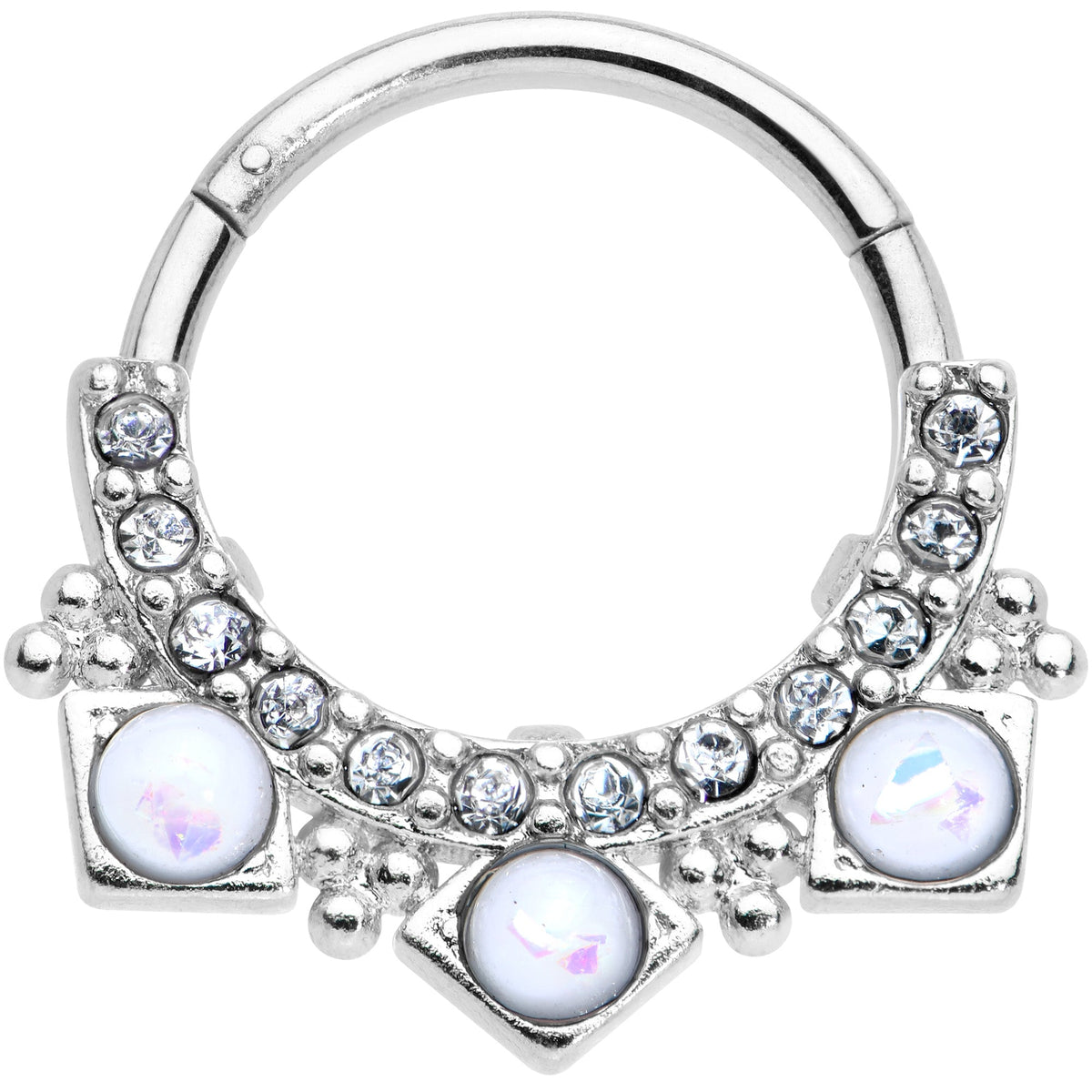 16G 3/8 White Faux Opal Squares Hinged Segment Ring