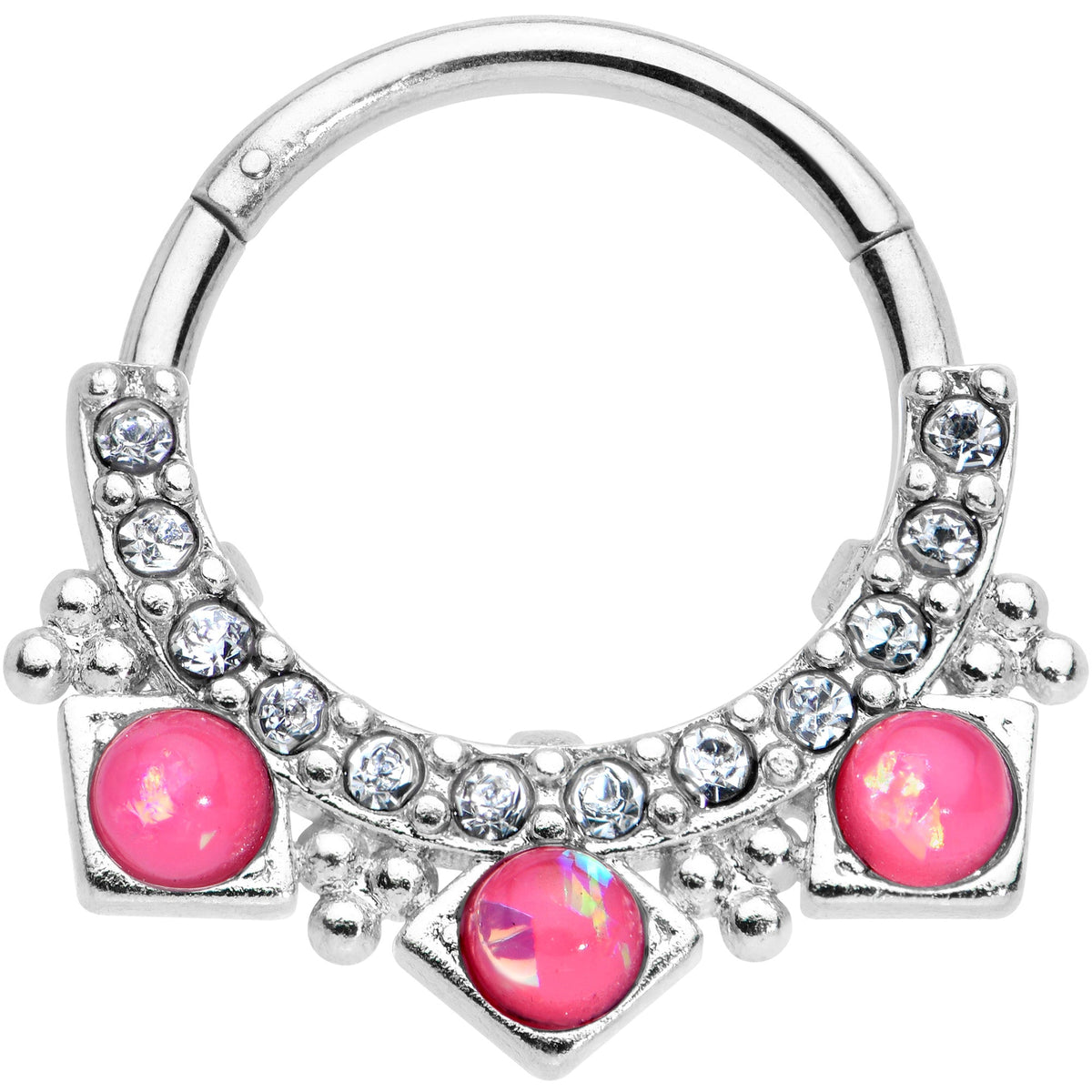16G 3/8 Pink Faux Opal Squares Hinged Segment Ring
