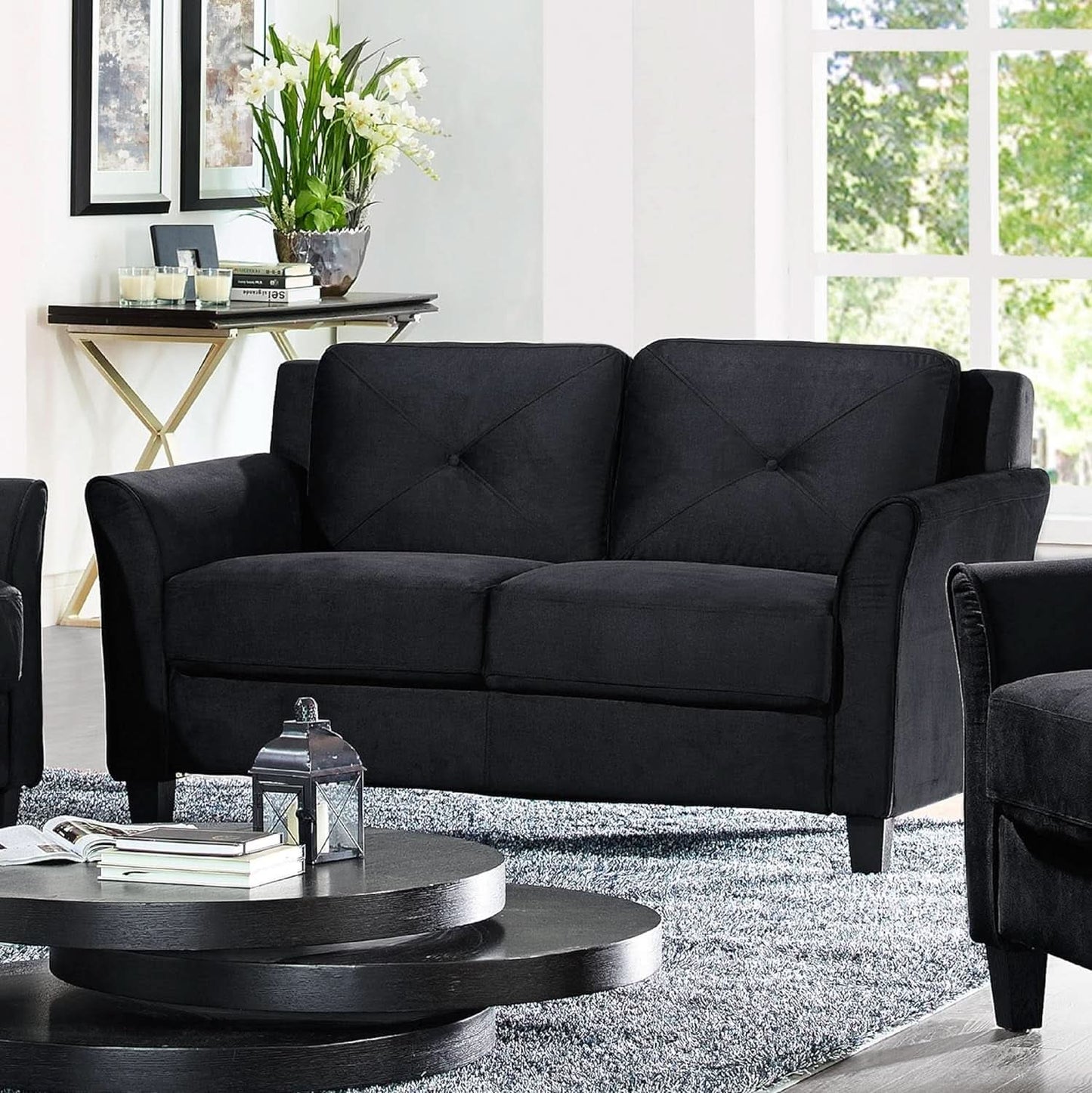 57 Inch Black Loveseat With Tufted Back Stain Resistant