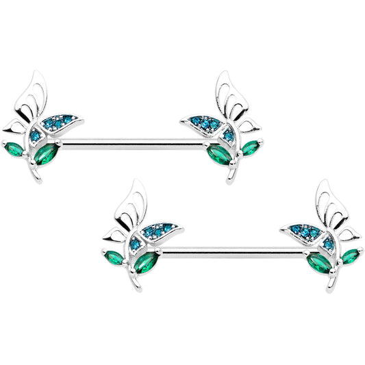 14G 9/16 Blue Green Gem Floral Butterfly Nipple Ring Set