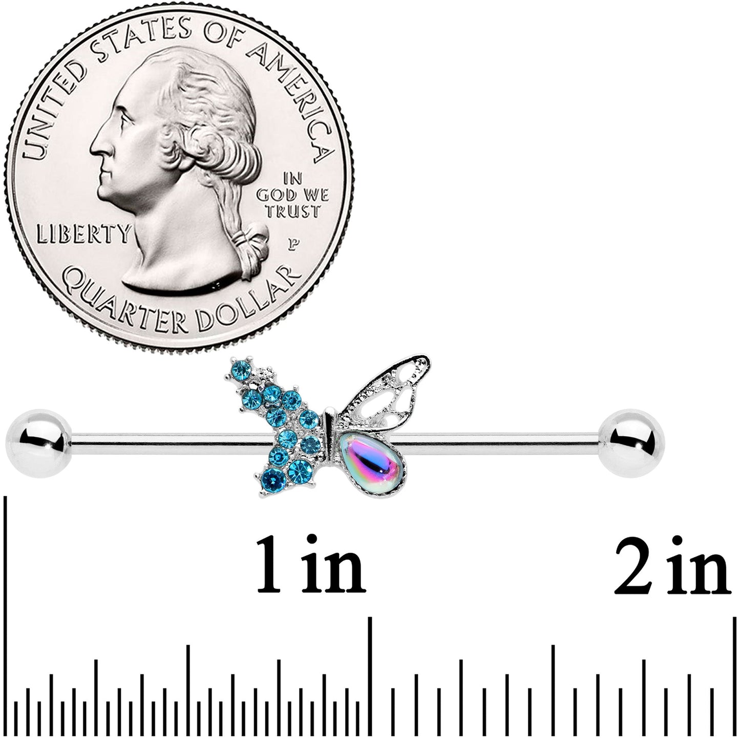 14G Blue Aurora Gem Super Glam Butterfly Industrial Barbell 38mm