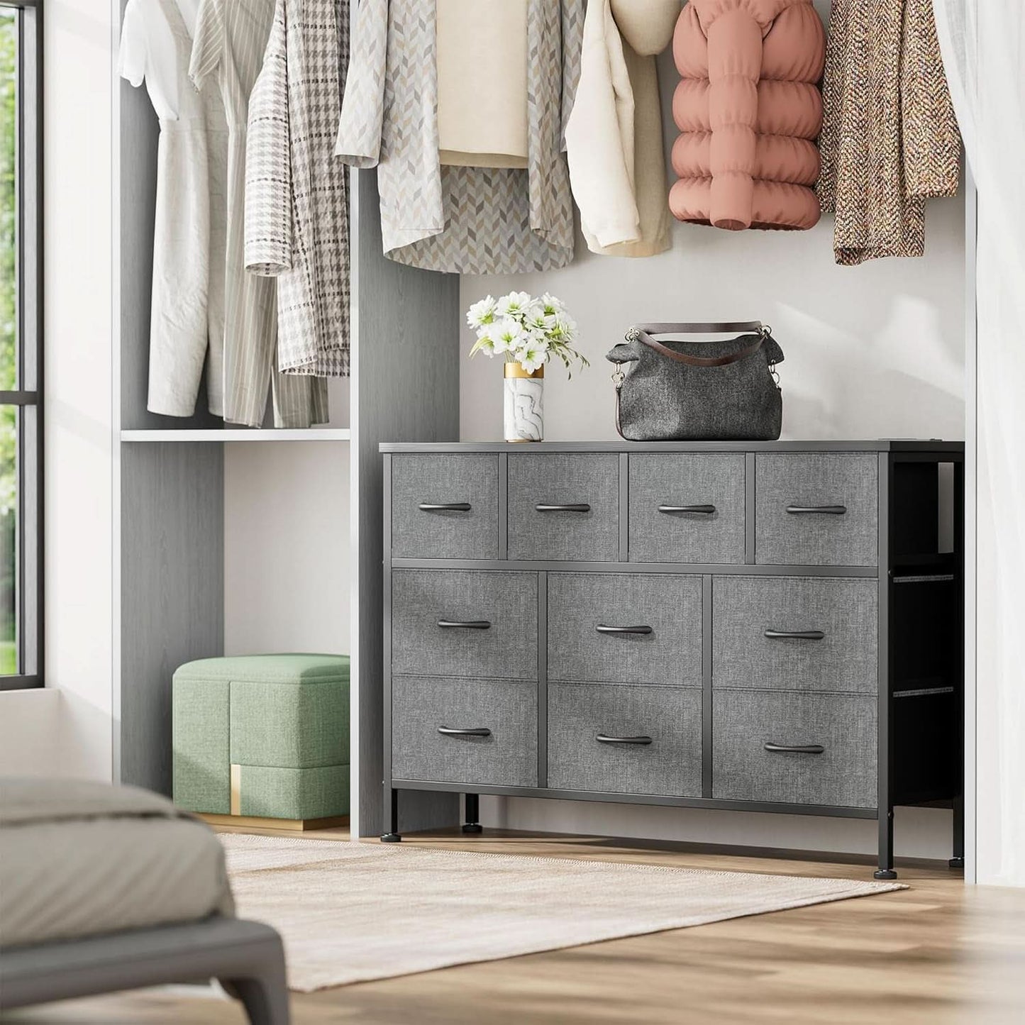 Grey 10 Drawer Dresser TV Stand With Power Outlets
