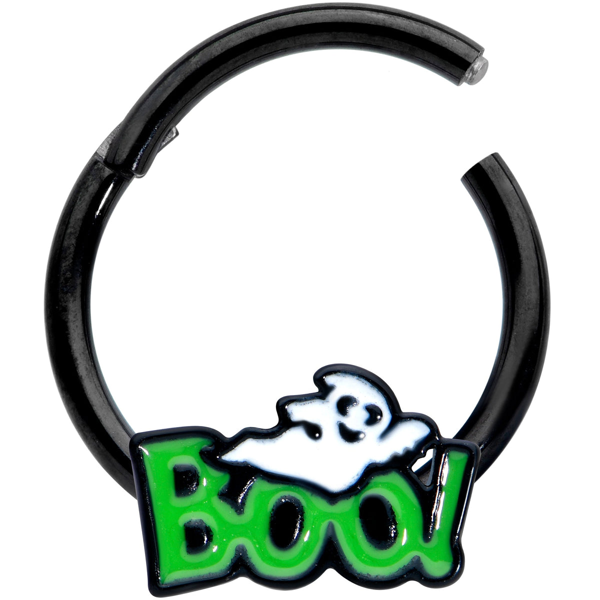 16G 3/8 Black Green Boo Ghost Halloween Hinged Segment Ring