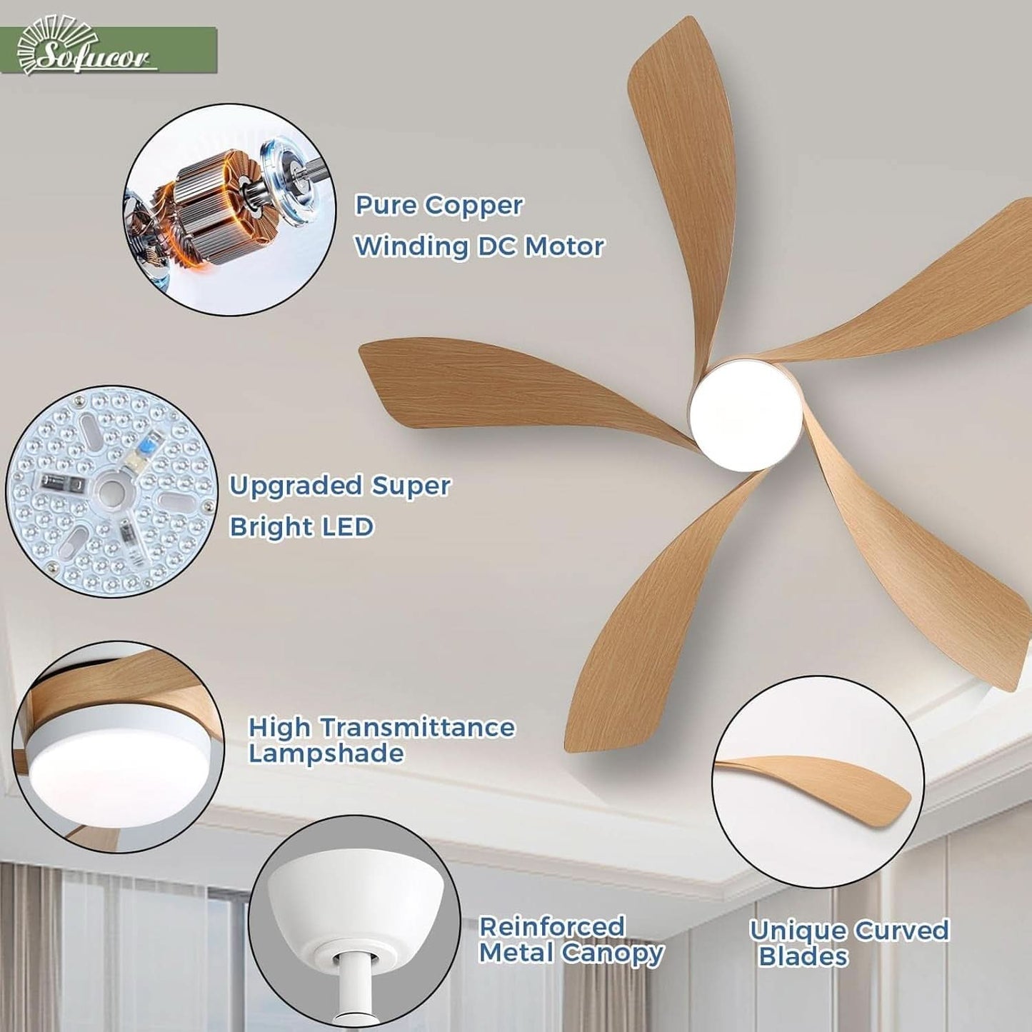 52 Inch Outdoor Ceiling Fan With Dimmable LED Light Remote