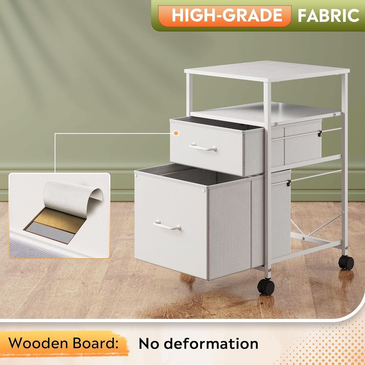 2 Drawer Fabric Vertical Filing Cabinet With Rolling Printer Stand For Home Office White