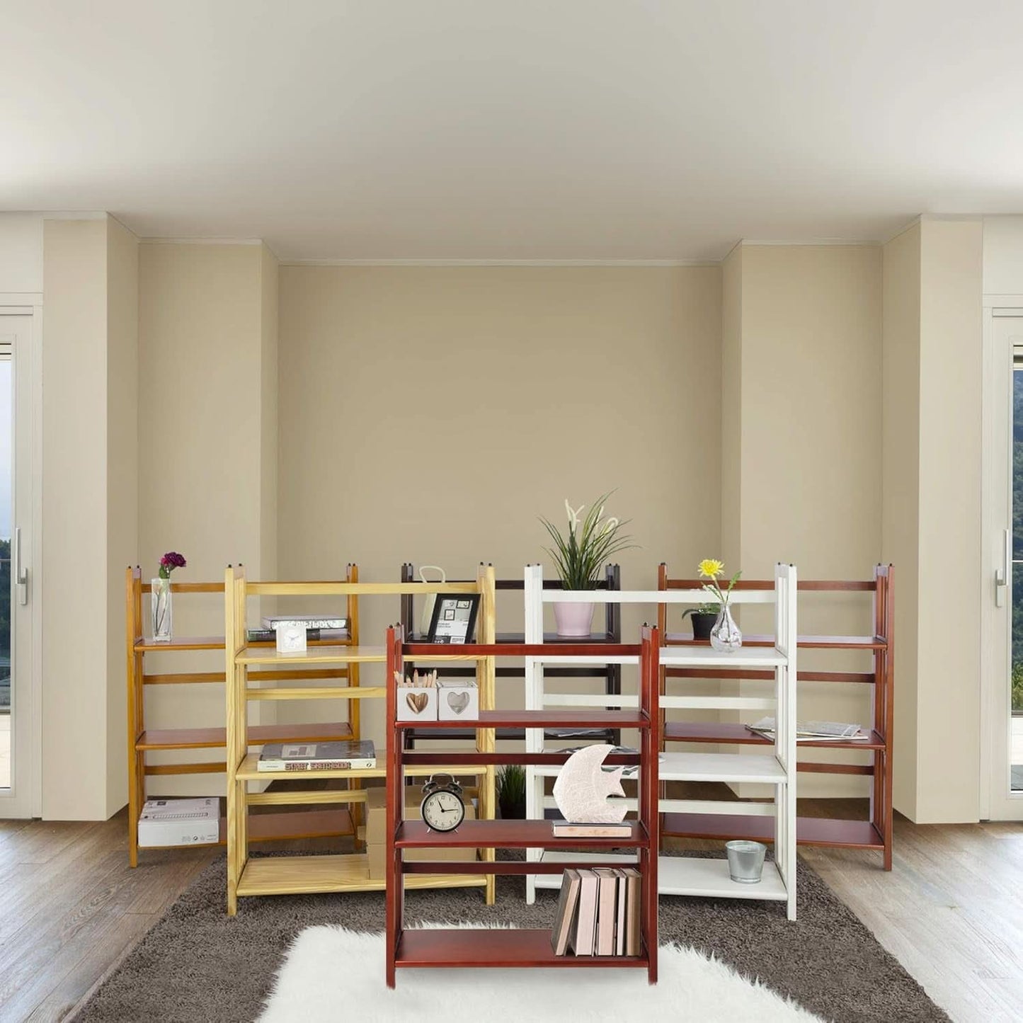 3-Shelf Folding Stackable Bookcase 27.5 Inch Wide Honey Oak