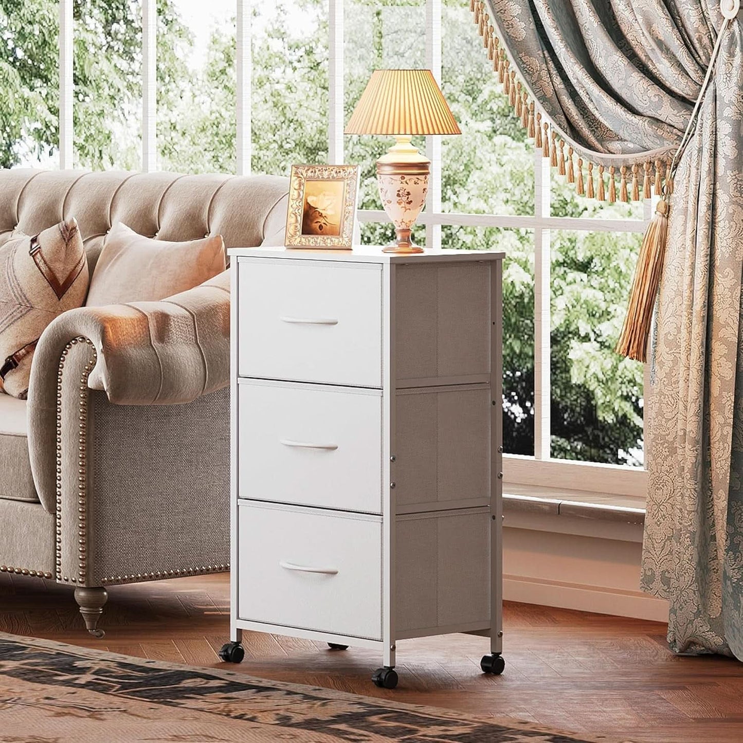 White Dresser With 3 Drawers And Wheels Wood Top Storage