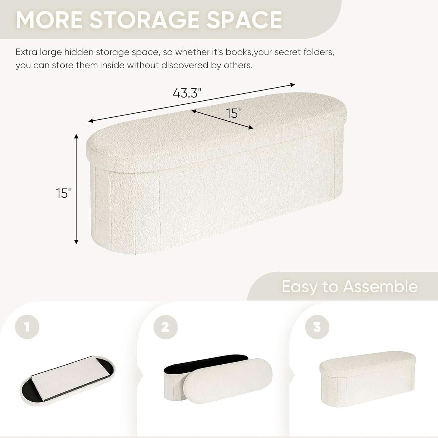 Sherpa Lined Folding Storage Ottoman 43.3 Inch White