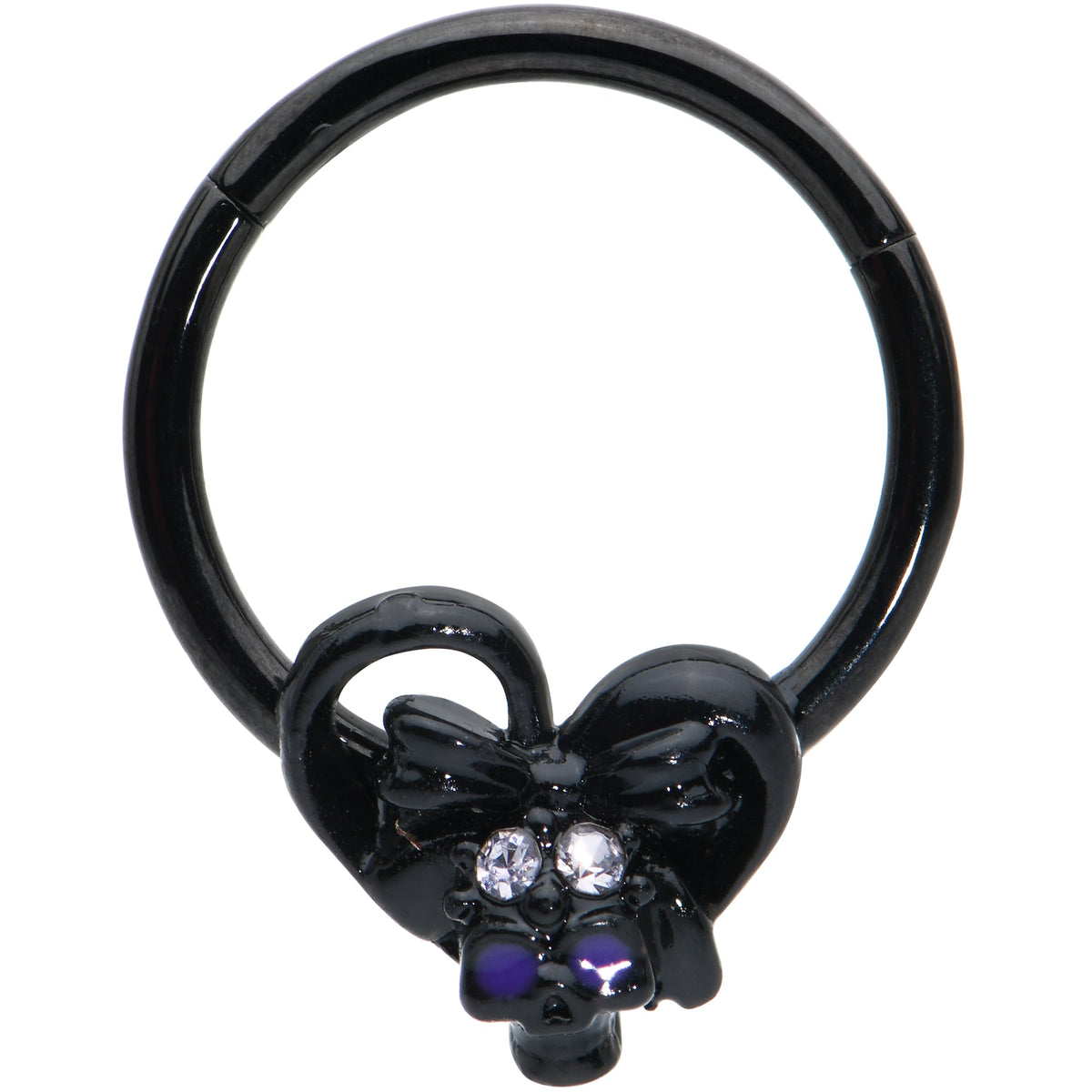 16G 3/8 Clear Gem Black Heart Skull Bow Hinged Segment Ring