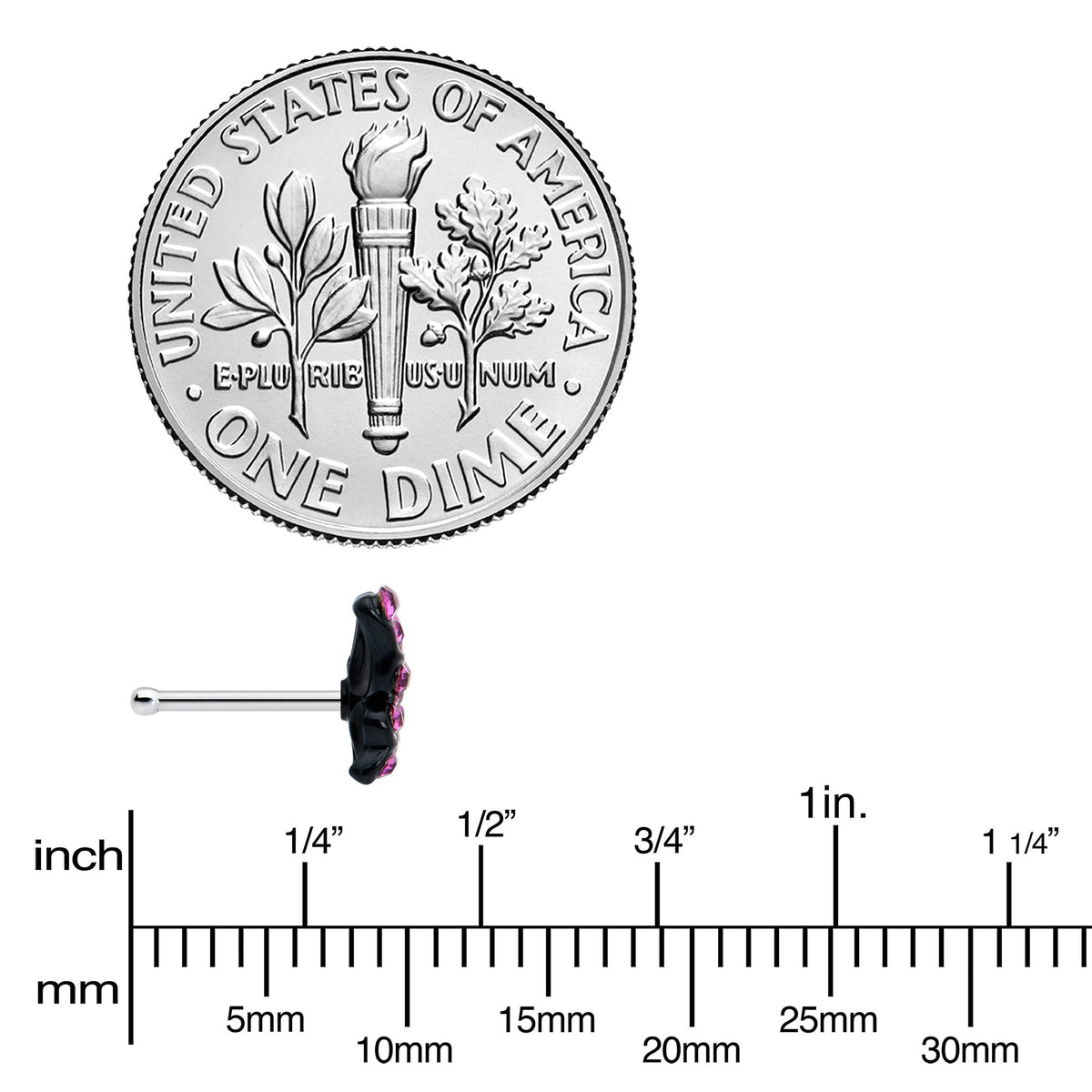20G 1/4 Pink Gem Midnight Black Butterfly Nose Bone