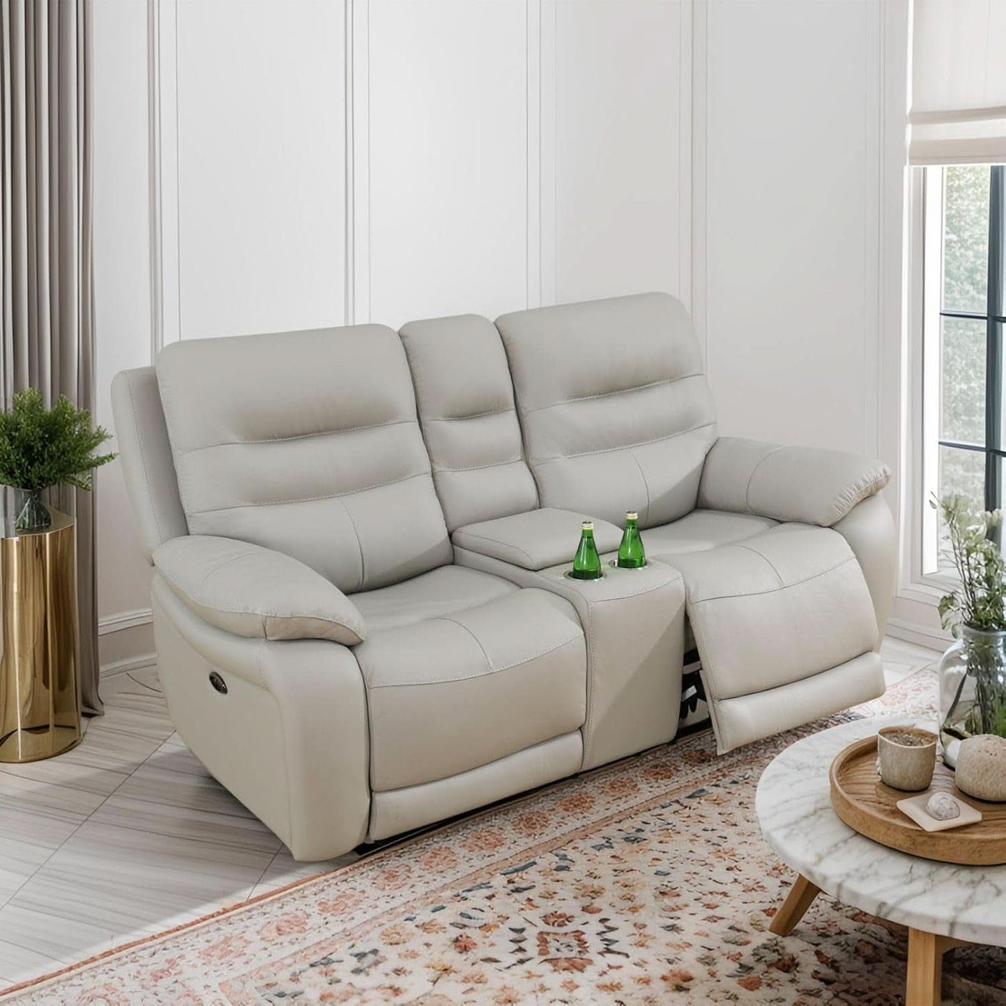Power Reclining Leather Sofa Set With USB Port Light Grey