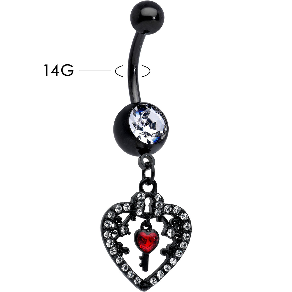 Clear Red Gem Black Heart Key Valentines Dangle Belly Ring