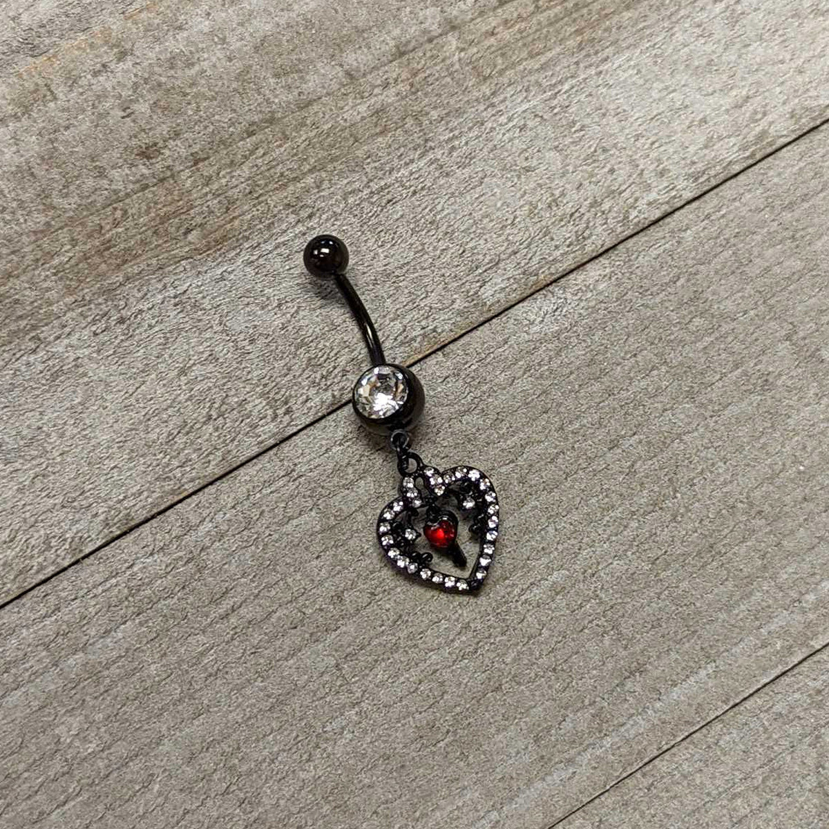Clear Red Gem Black Heart Key Valentines Dangle Belly Ring