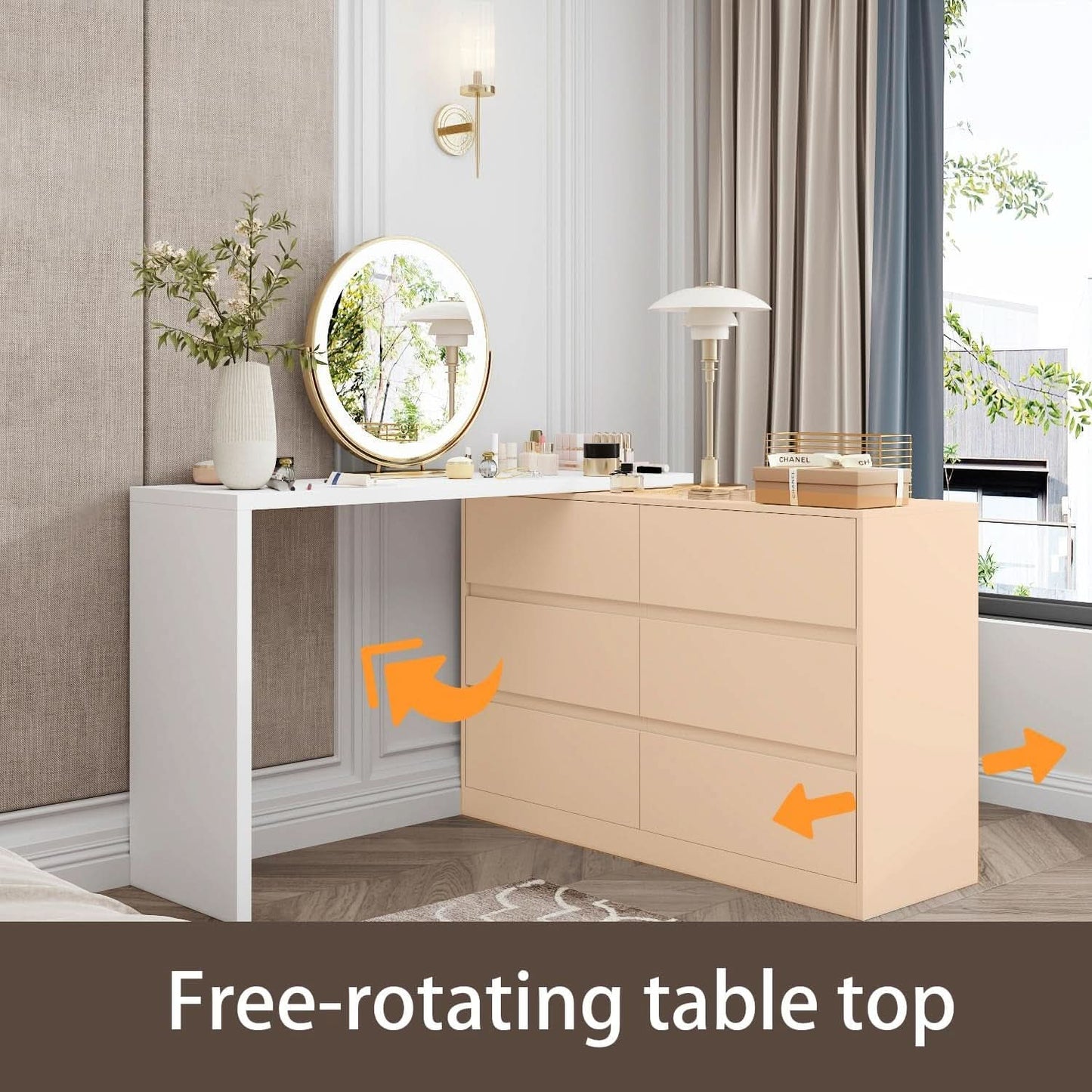 6 Drawer Dresser With Rotatable Tabletop White Home Office