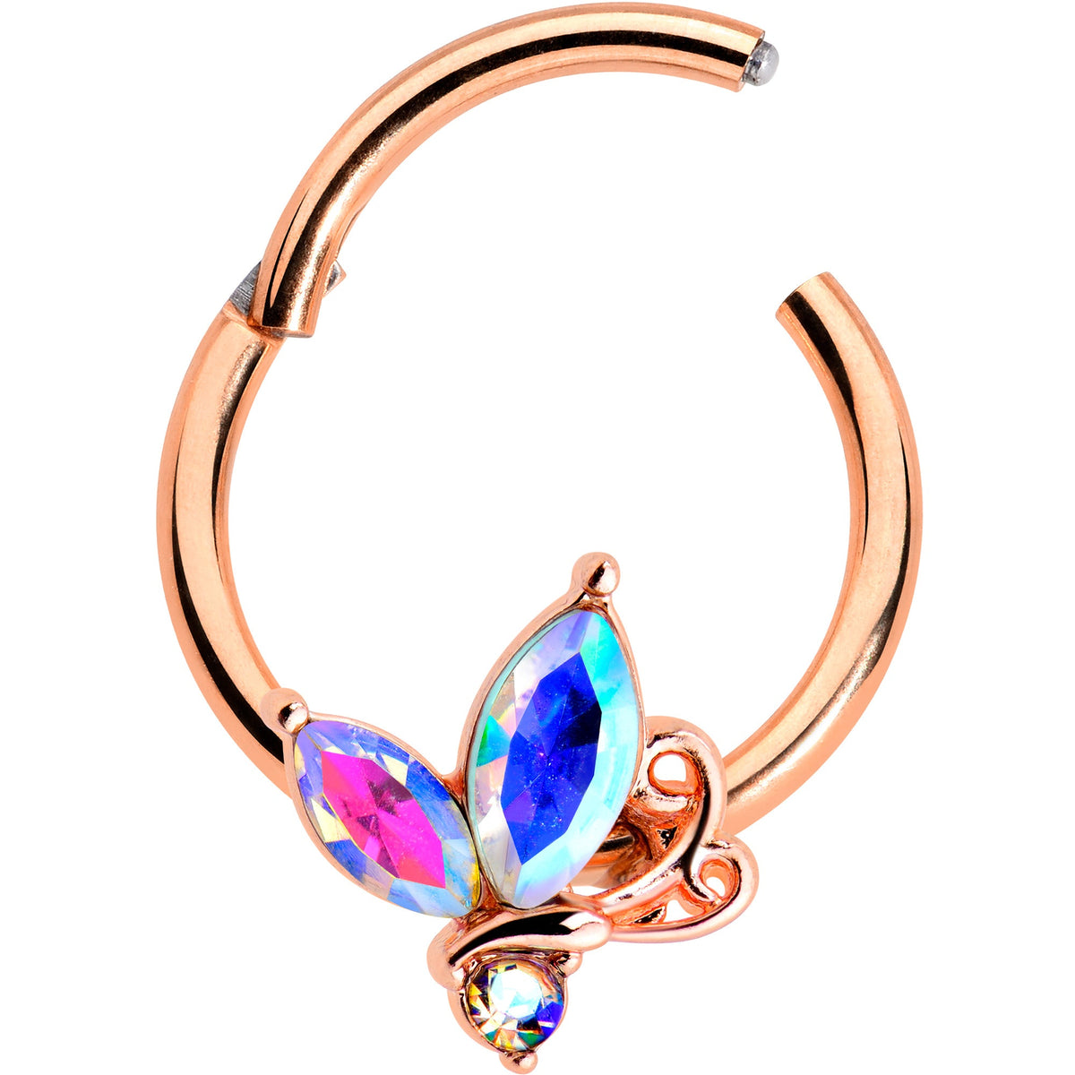 16G 3/8 Aurora CZ Gem Rosy Tone Fleur de Lis Butterfly Hinged Segment Ring