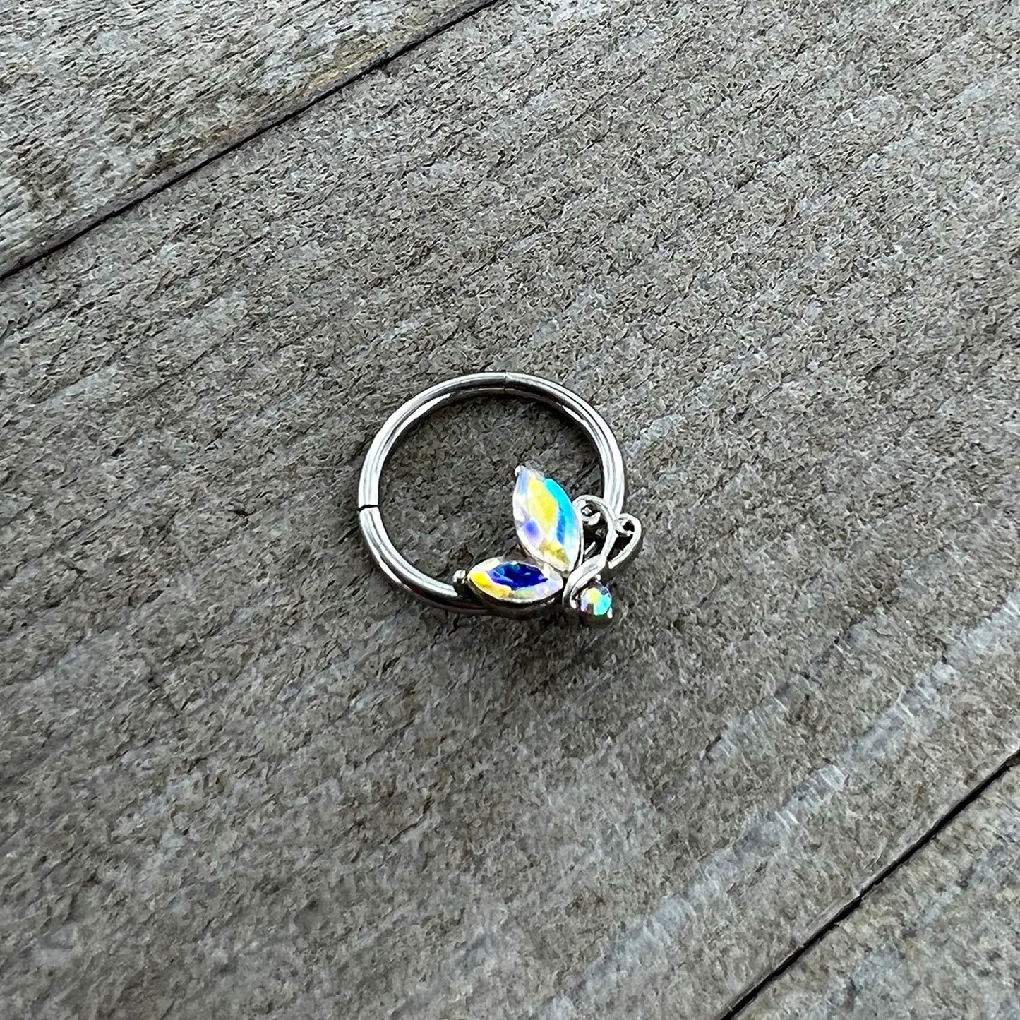 16G 3/8 Aurora CZ Gem Fleur de Lis Butterfly Hinged Segment Ring