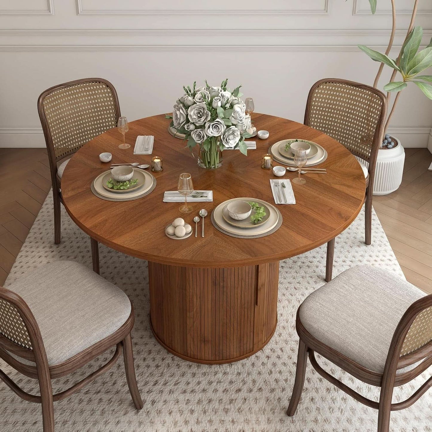 47 Inch Round Dining Table With Walnut Finish And Two Layer Storage Shelf