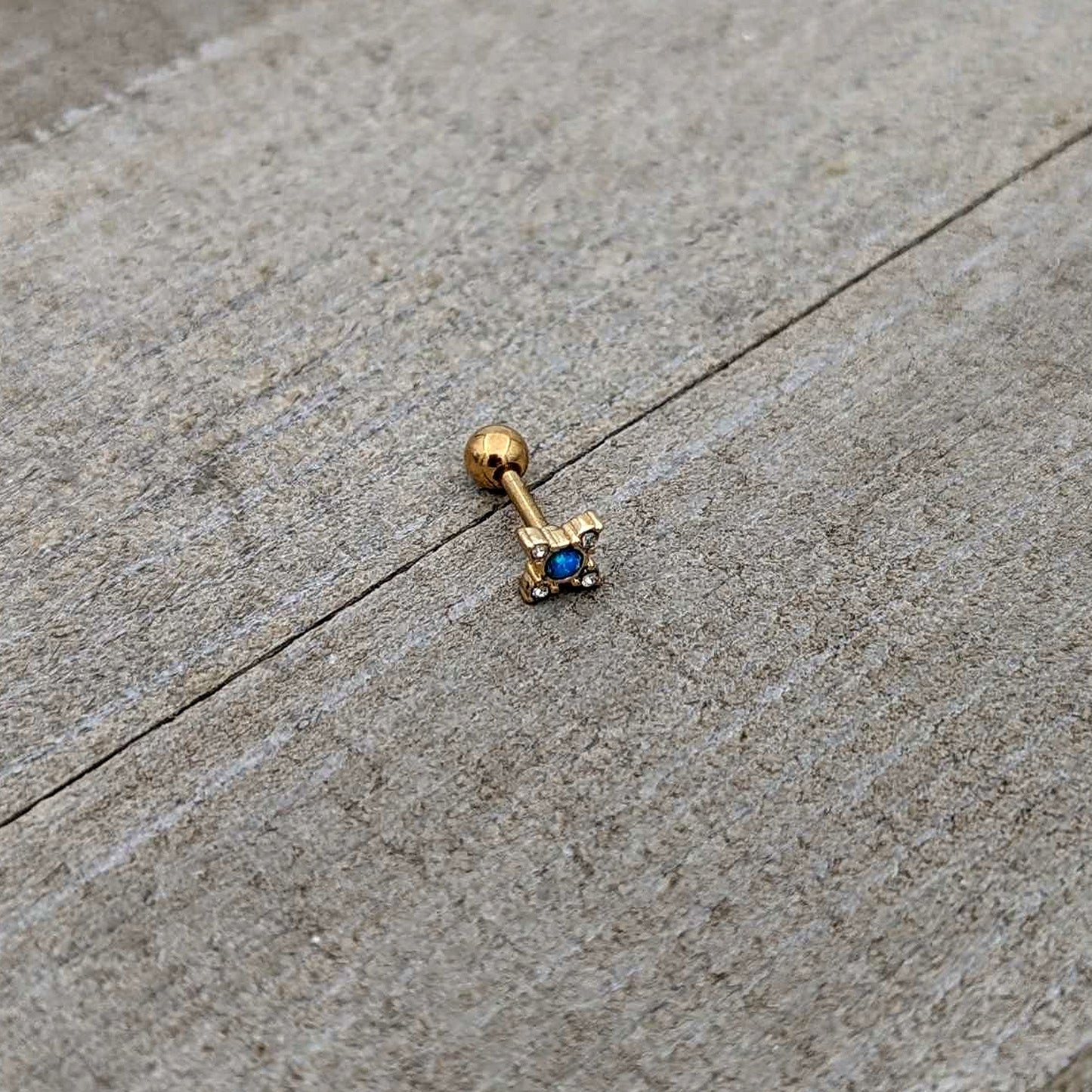 16G 1/4 Blue Synthetic Opal Gold Tone Rhombus Cartilage Earring