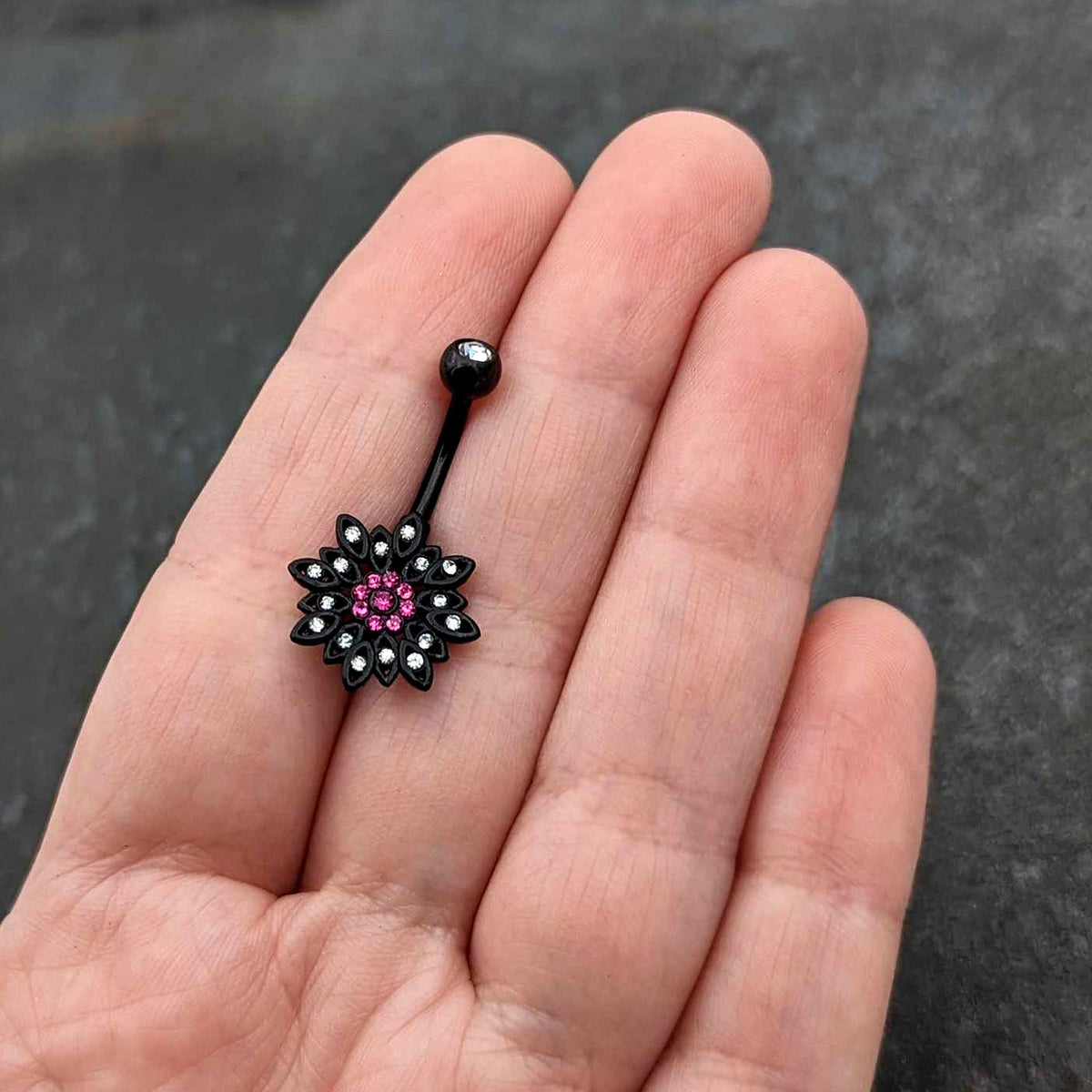 Clear Pink Gem Black Midnight Flower Blooming Belly Ring
