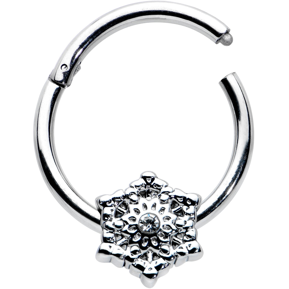 16G 3/8 Clear Gem Filigree Winter Snowflake Hinged Segment Ring