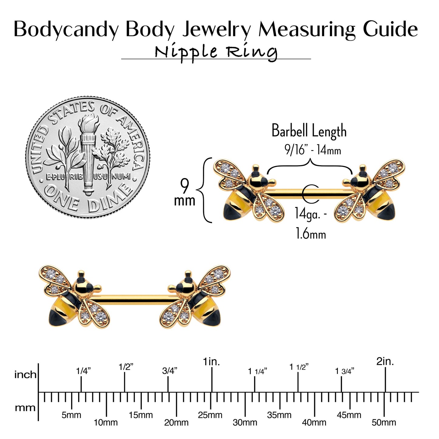 14G 9/16 Clear CZ Gem Gold Hue Honey Bees Barbell Nipple Ring Set