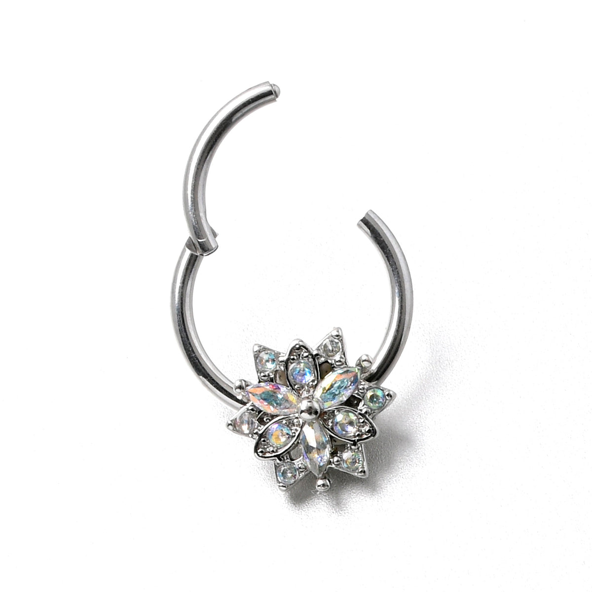 16G 3/8 Aurora CZ Gem Snowflake Style Hinged Segment Ring